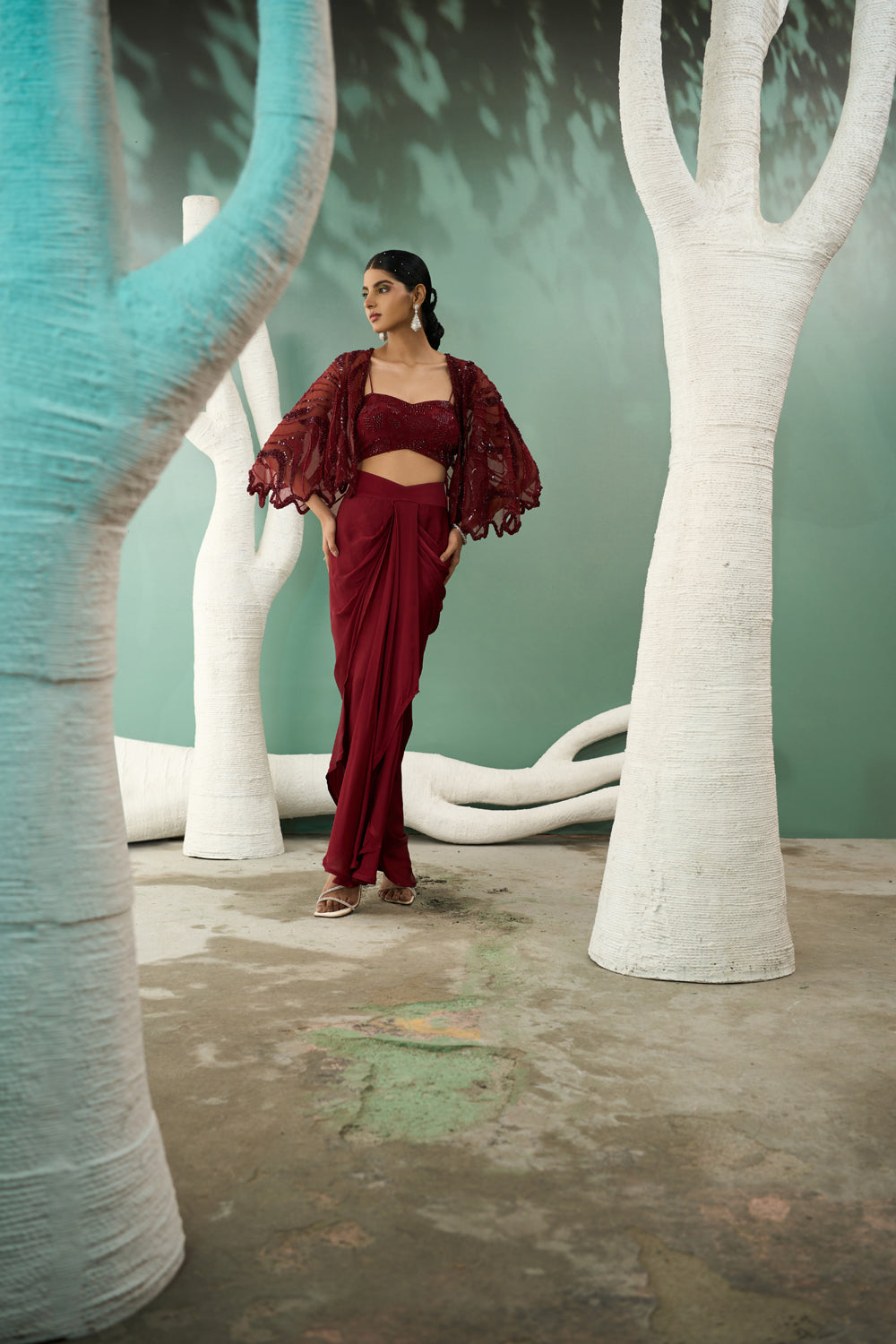 Burgundy Drape Skirt & Shrug Set