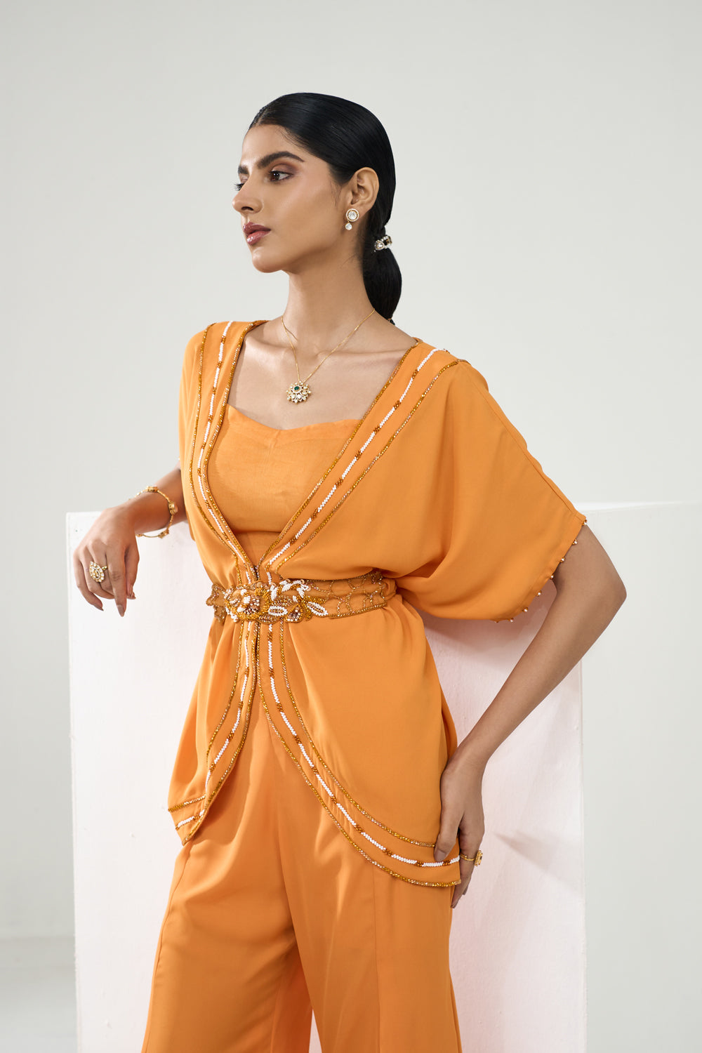 Marigold Yellow Placement Embroidered Tunic With Flared Pants