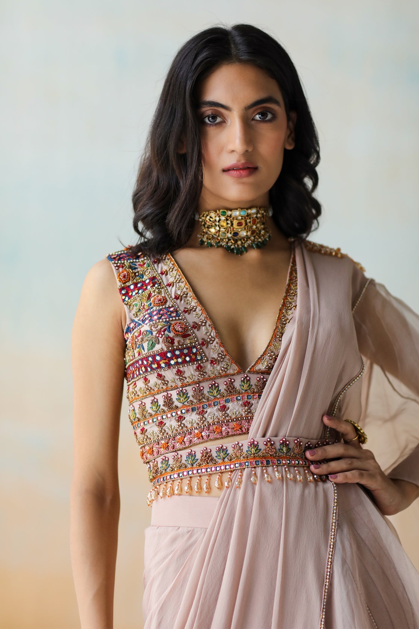 Light Beige Pre-Draped Ruffle Saree Set