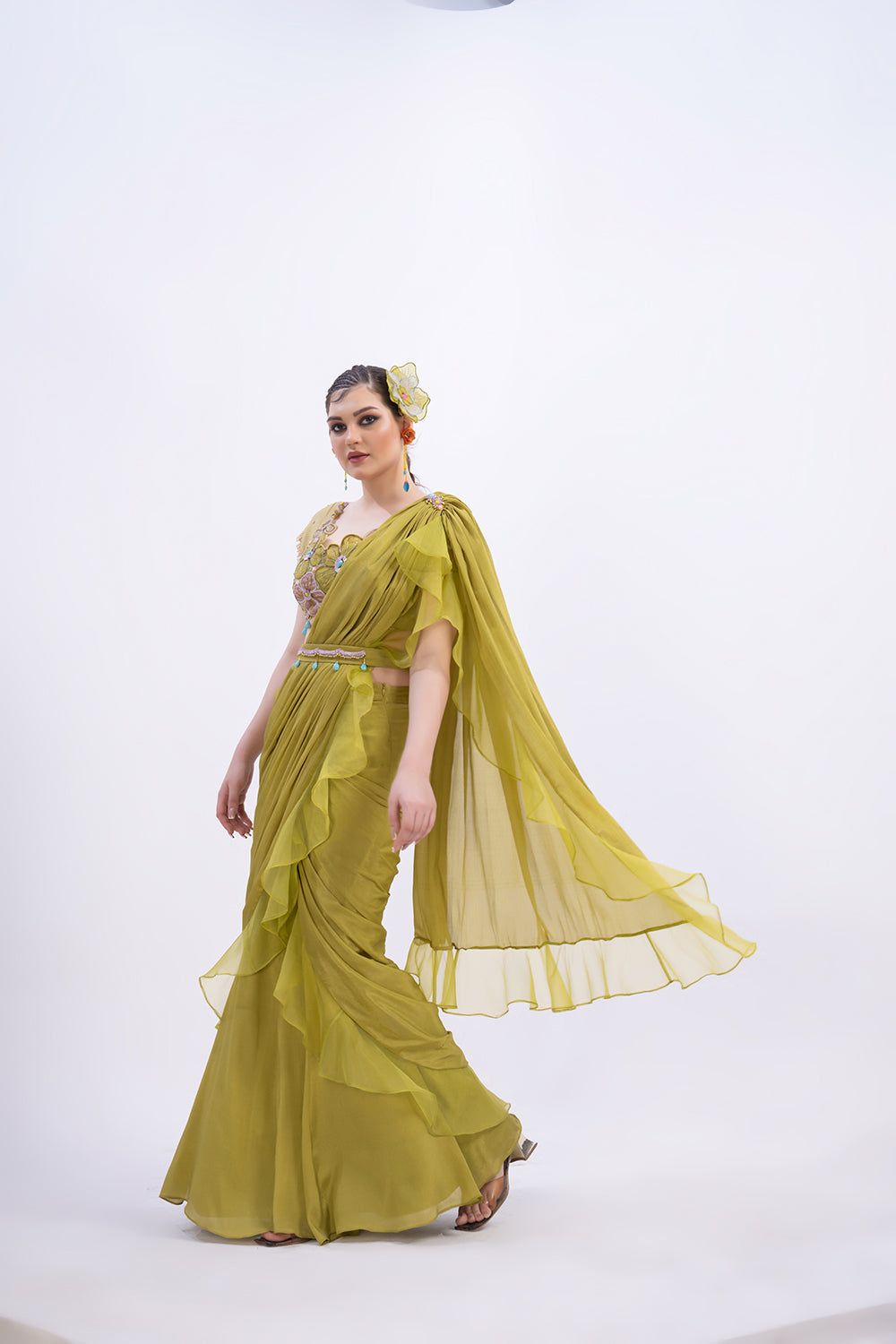 Lime Green ruffle saree