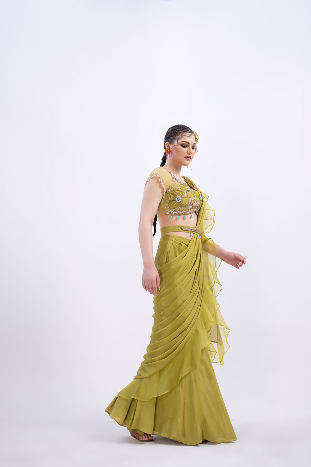 Lime Green ruffle saree