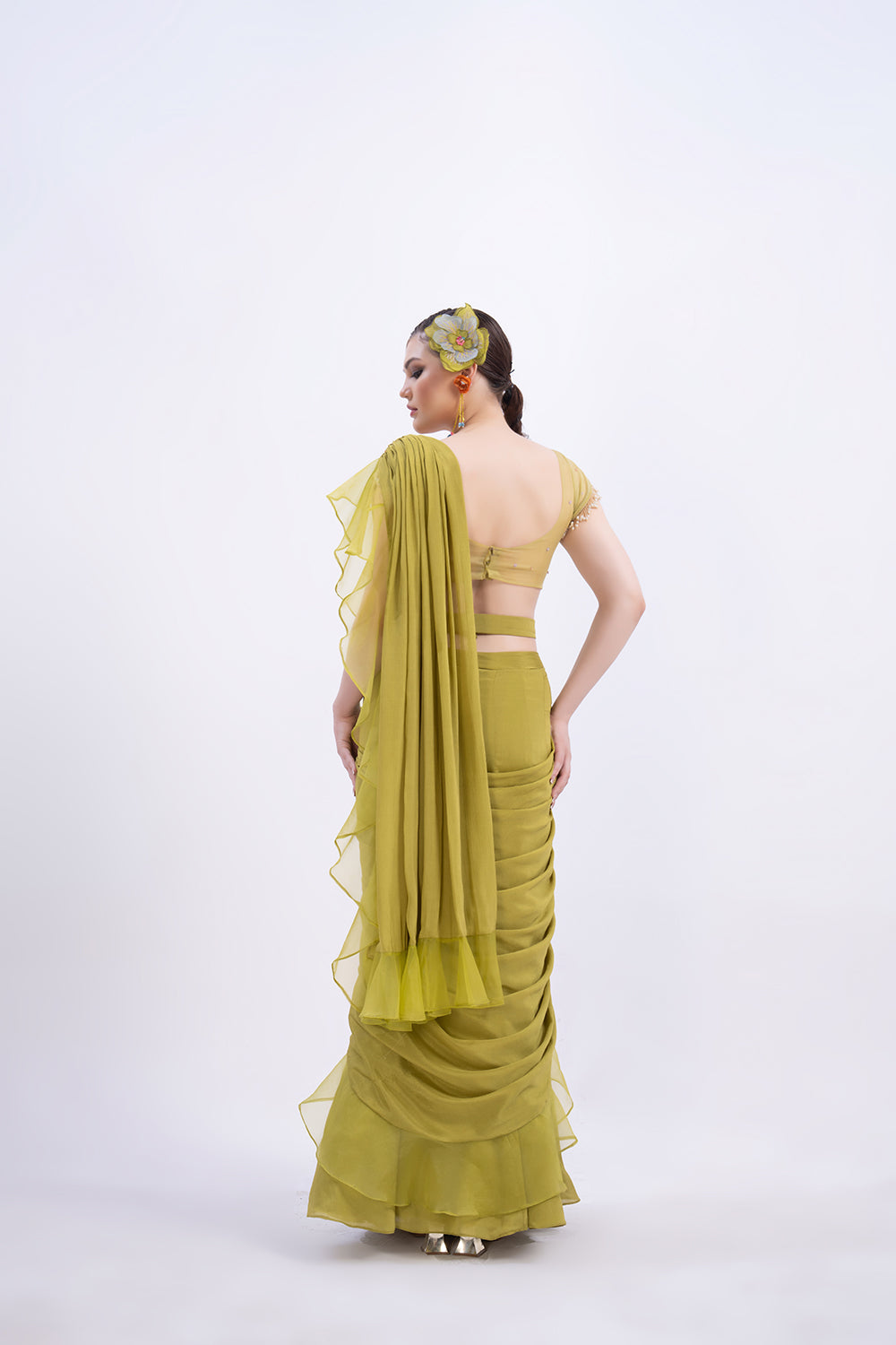 Lime Green ruffle saree