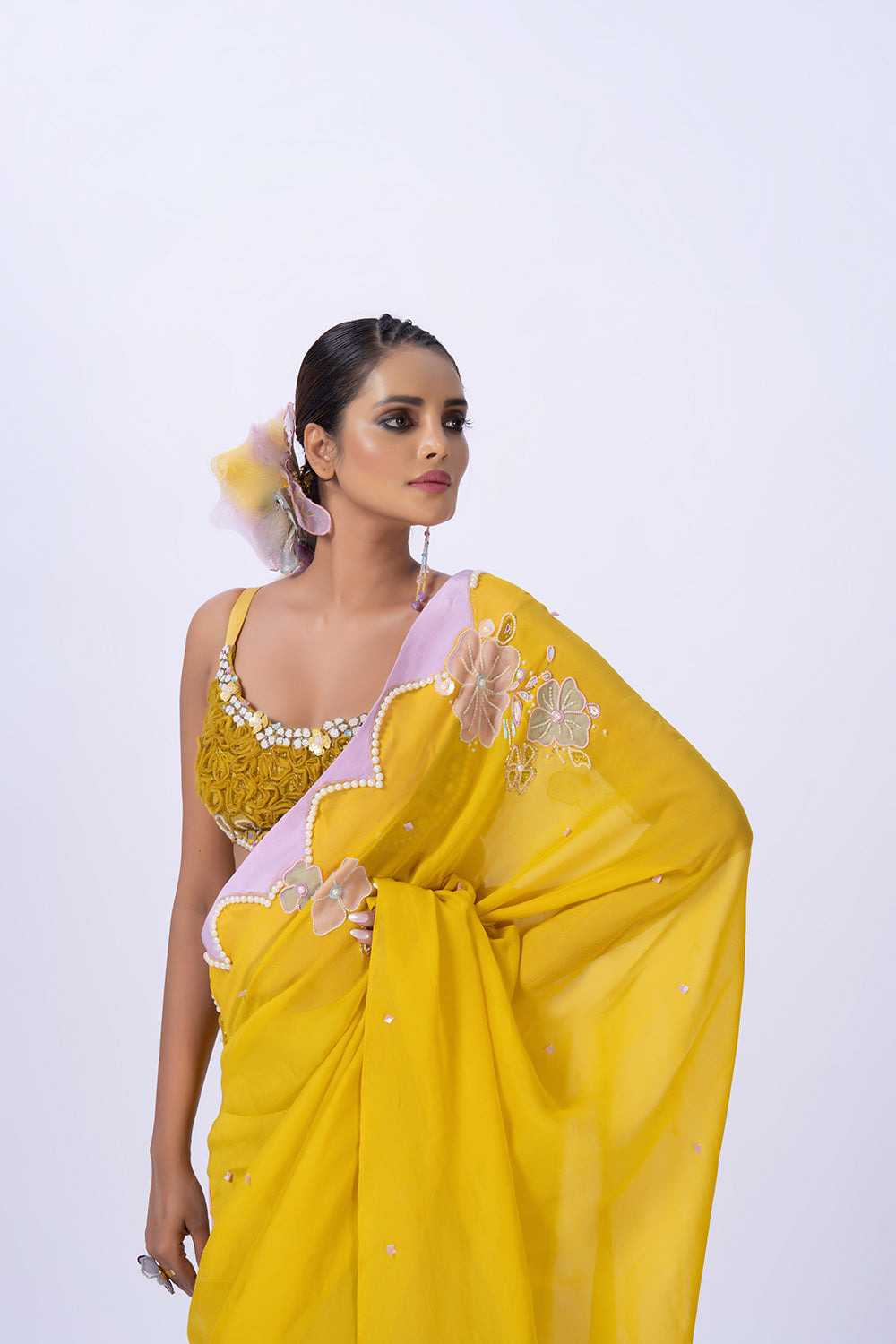 Yellow organza saree