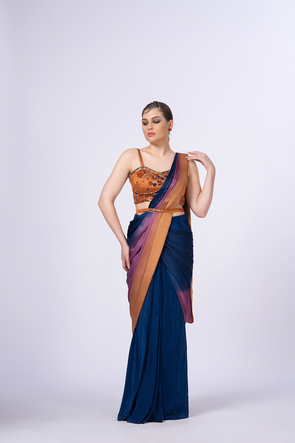Tri colour ombre effect Pre-stitched Saree set