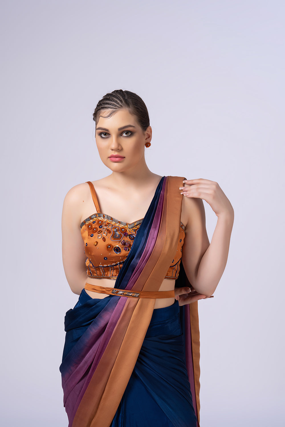 Tri colour ombre effect Pre-stitched Saree set