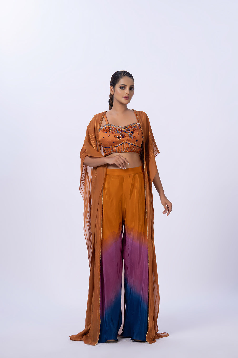 Tri colour ombre pant set with blouse and a shrug