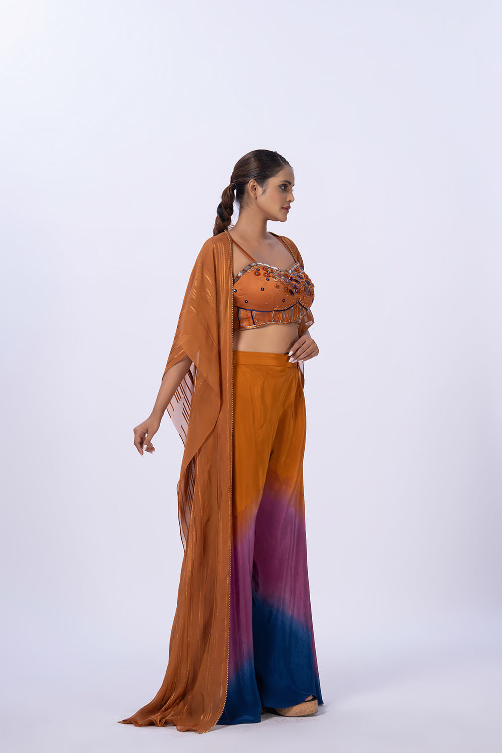 Tri colour ombre pant set with blouse and a shrug