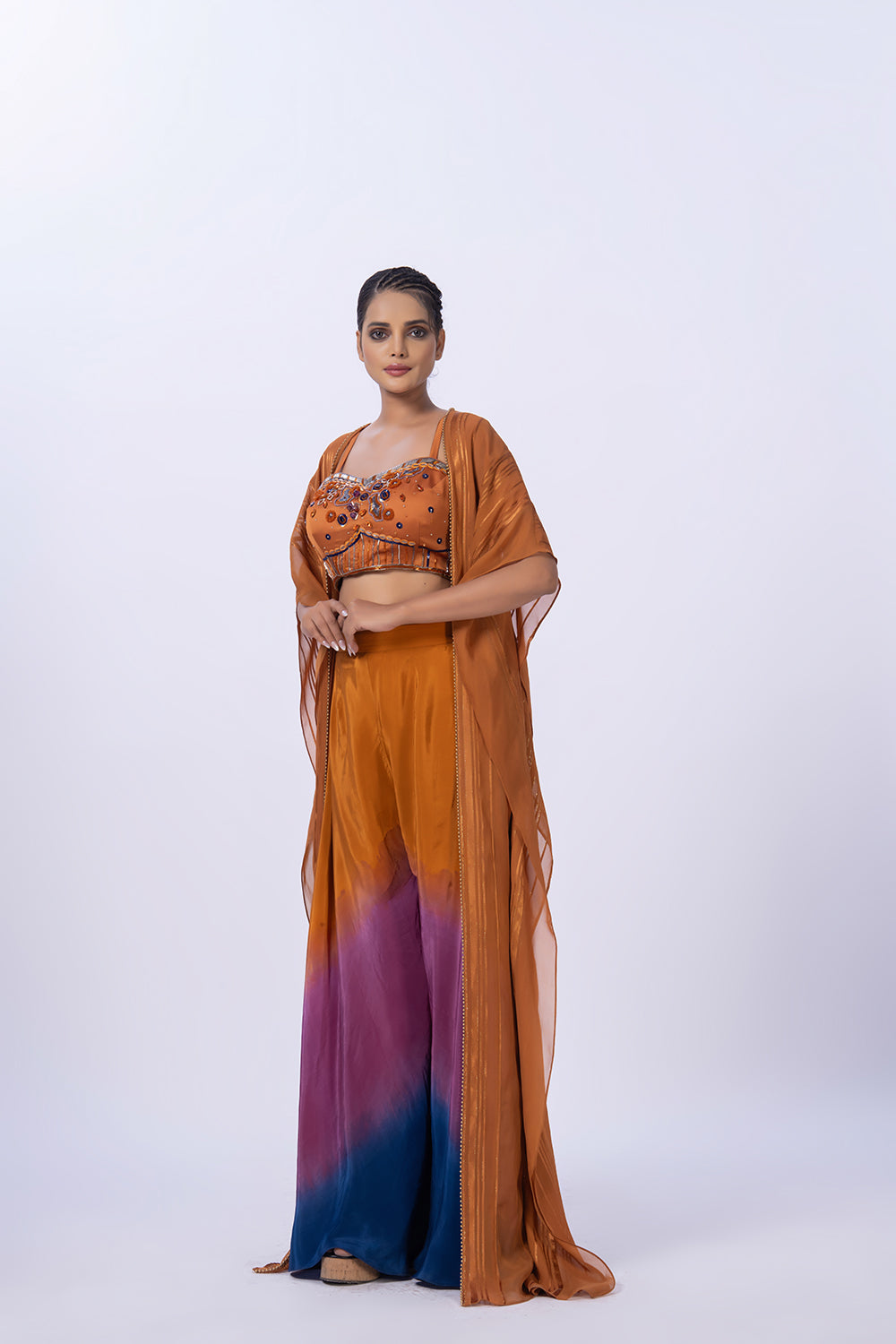 Tri colour ombre pant set with blouse and a shrug