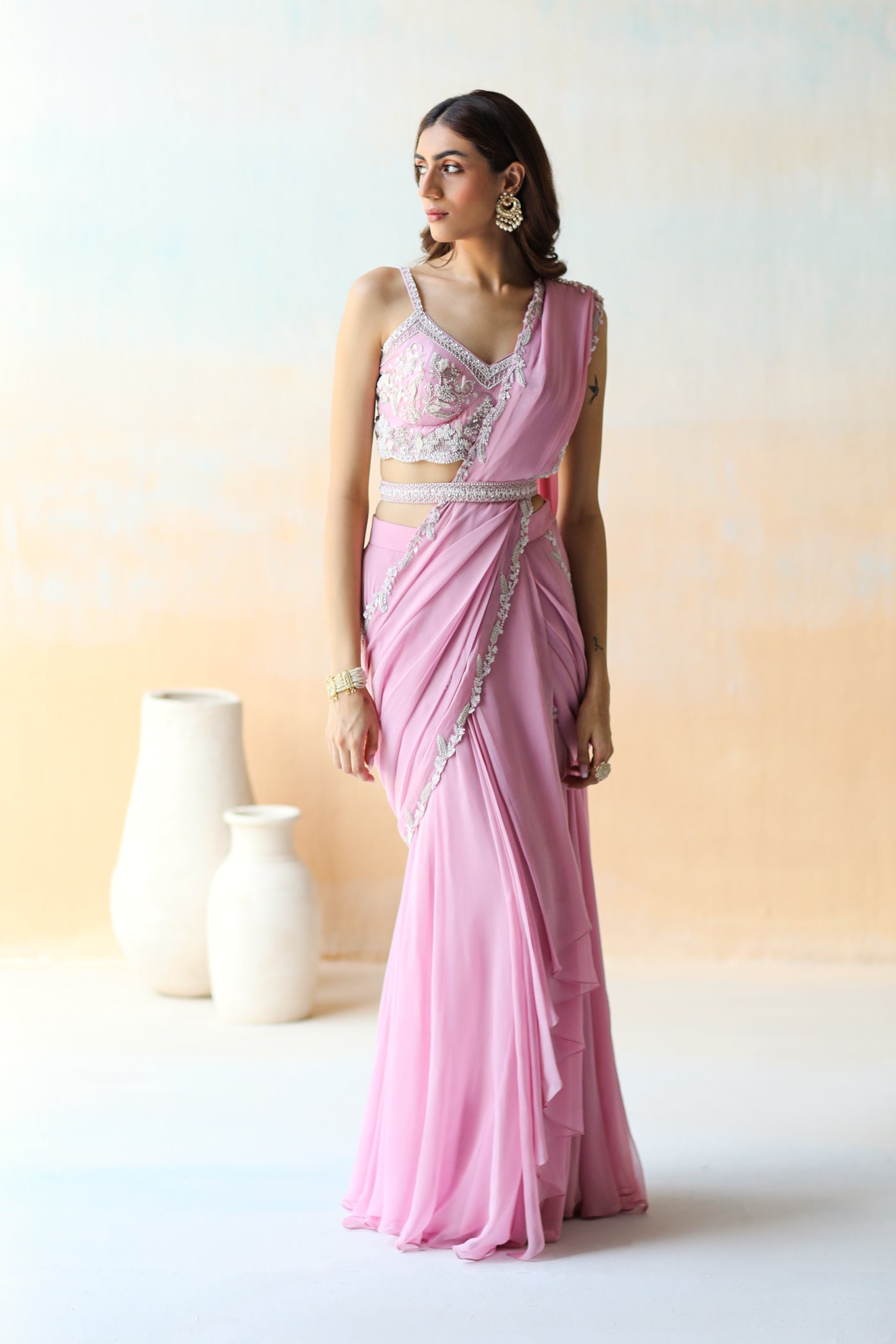Lilac Pre-Draped Ruffle Saree Set