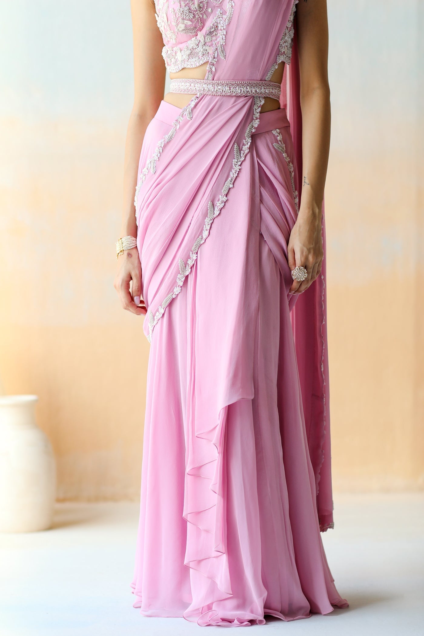 Lilac Pre-Draped Ruffle Saree Set