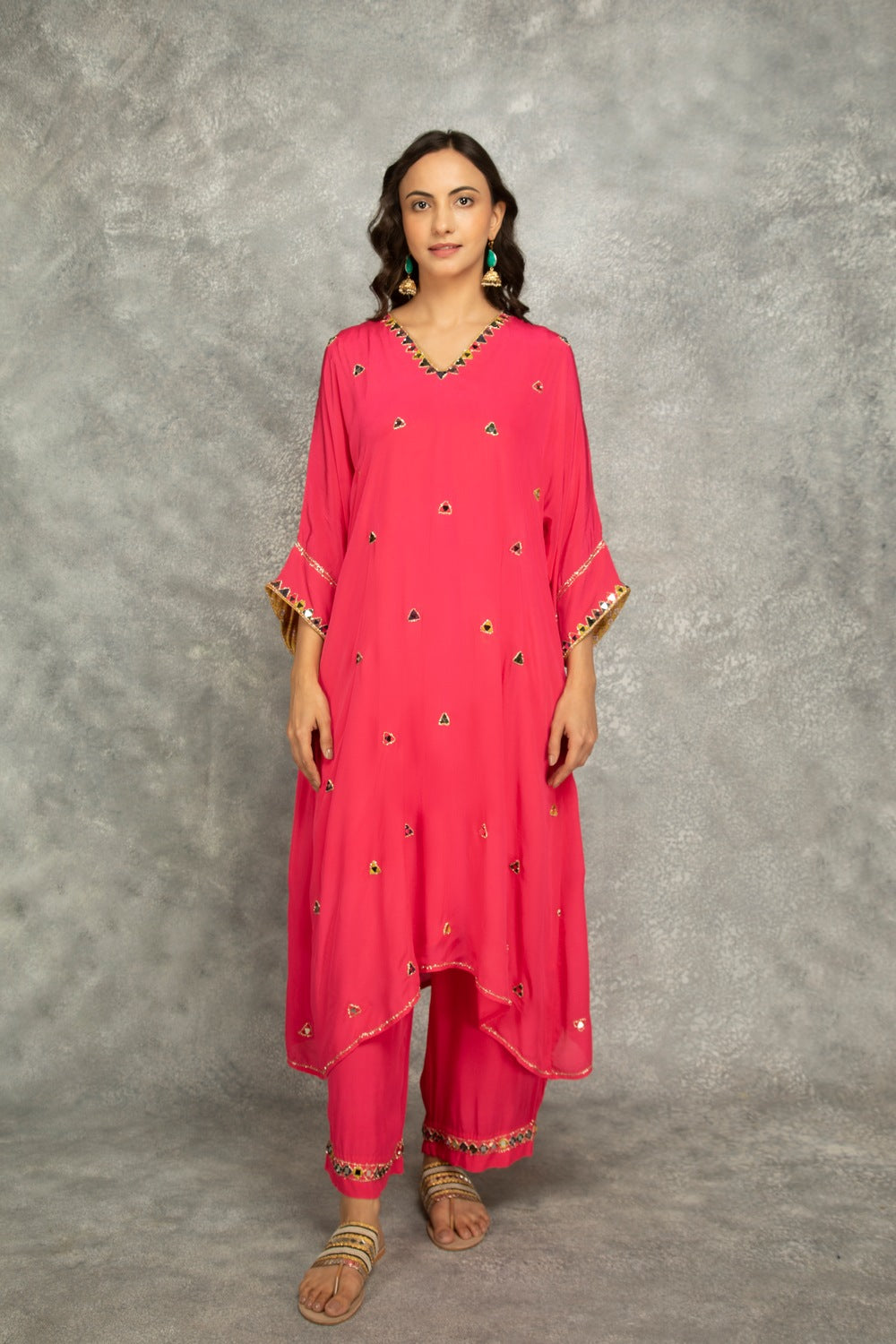 FushiaHigh Low Low Mirror Work Kaftaan Set