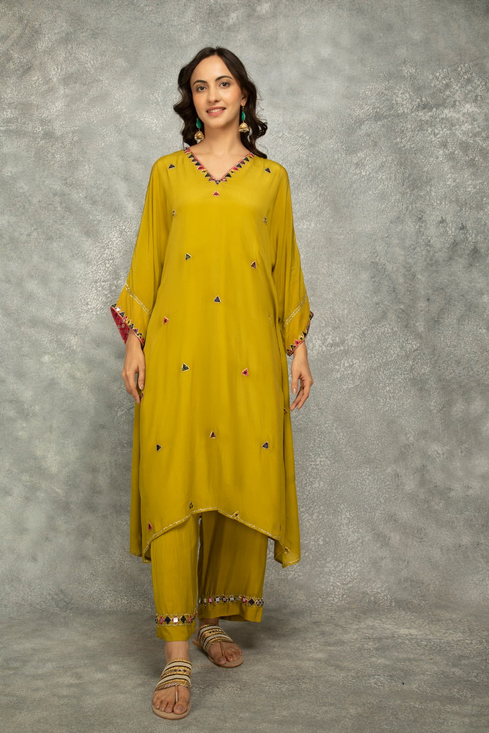 Mustard Green High Low Low Mirror Work Kaftaan Set