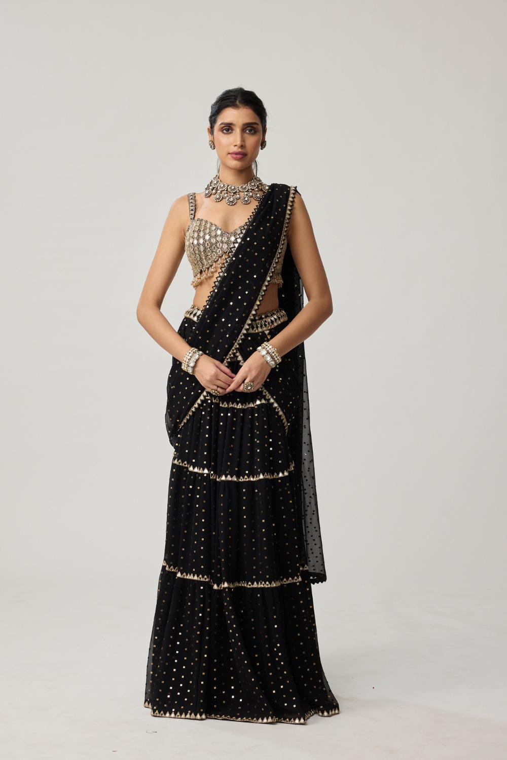Black Georgette Multi-tier Saree Set