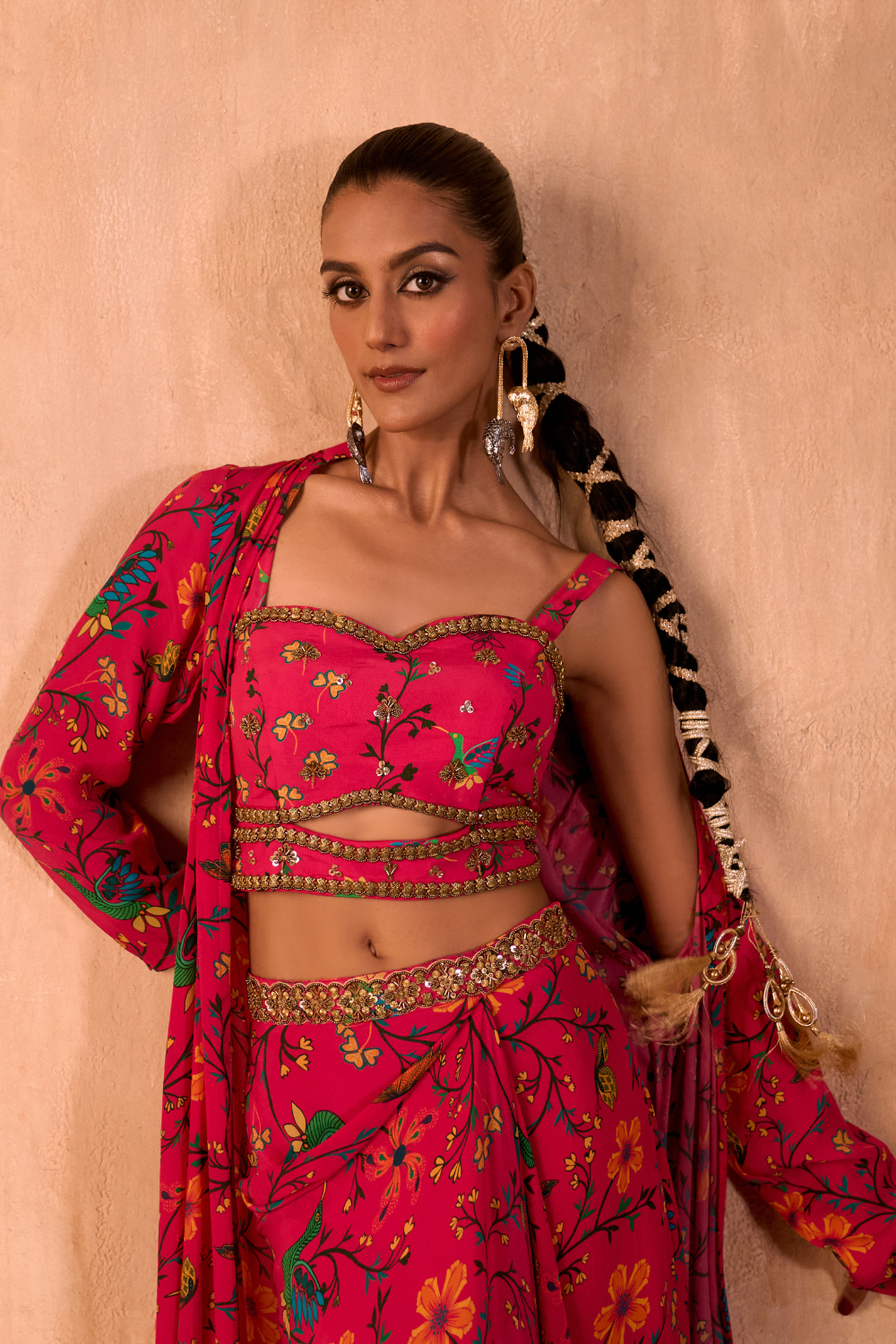 PINK PRINT EMBROIDERED CHOLI, DRAPED SKIRT AND JACKET SET