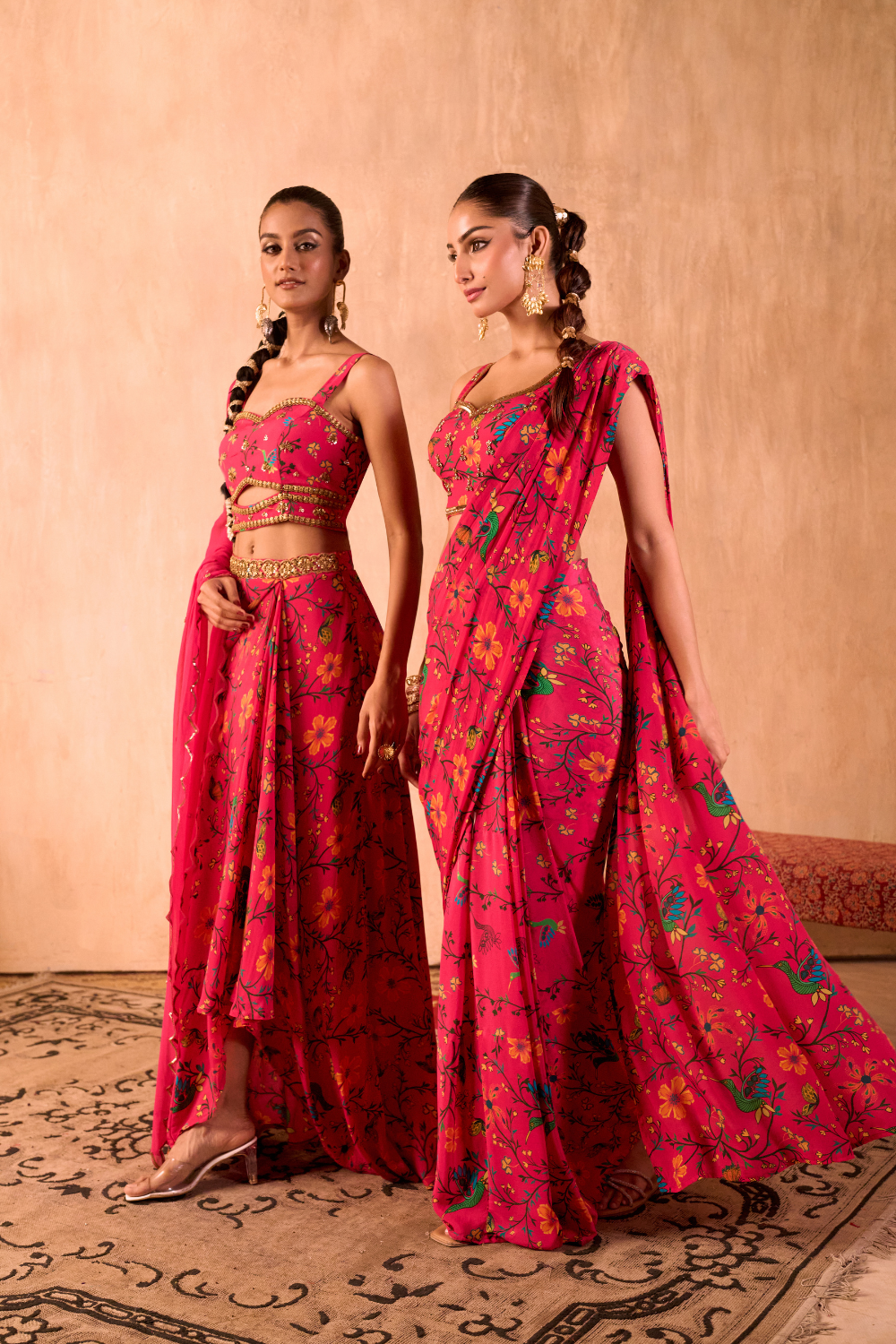 PINK PRINT EMBROIDERED CHOLI, DRAPED SKIRT AND DUPATTA SET
