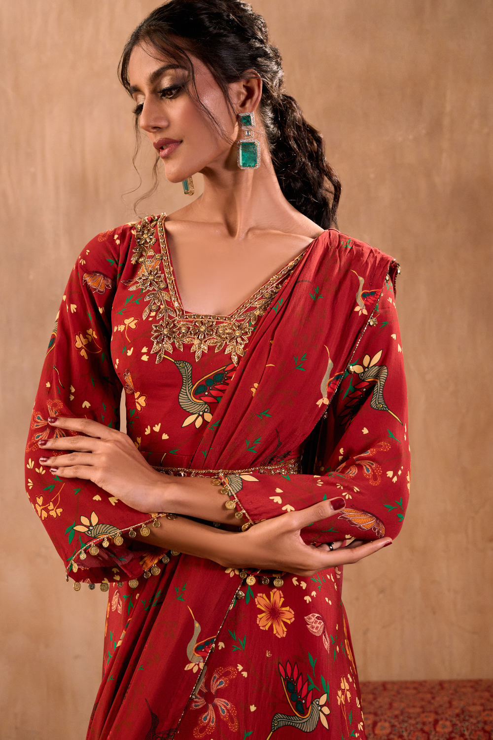 RED PRINT EMBROIDERED ANARKALI WITH DRAPE AND BELT SET