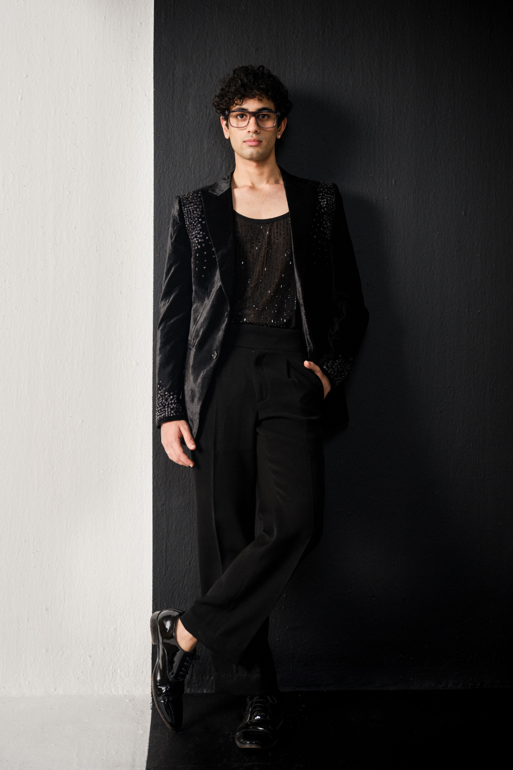 Black rhombus work velvet jacket