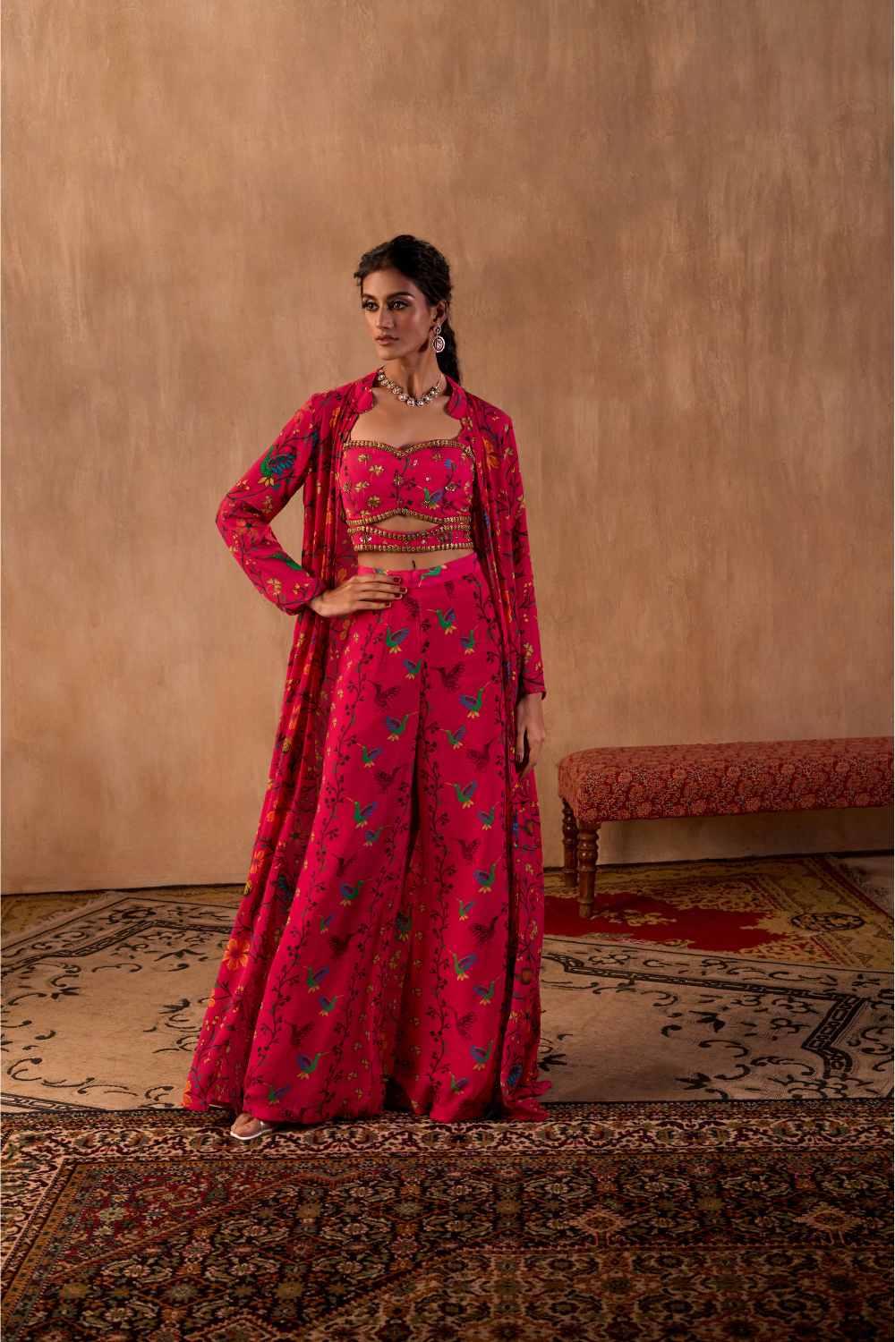 PINK PRINT EMBROIDERED CHOLI, PANTS AND JACKET SET