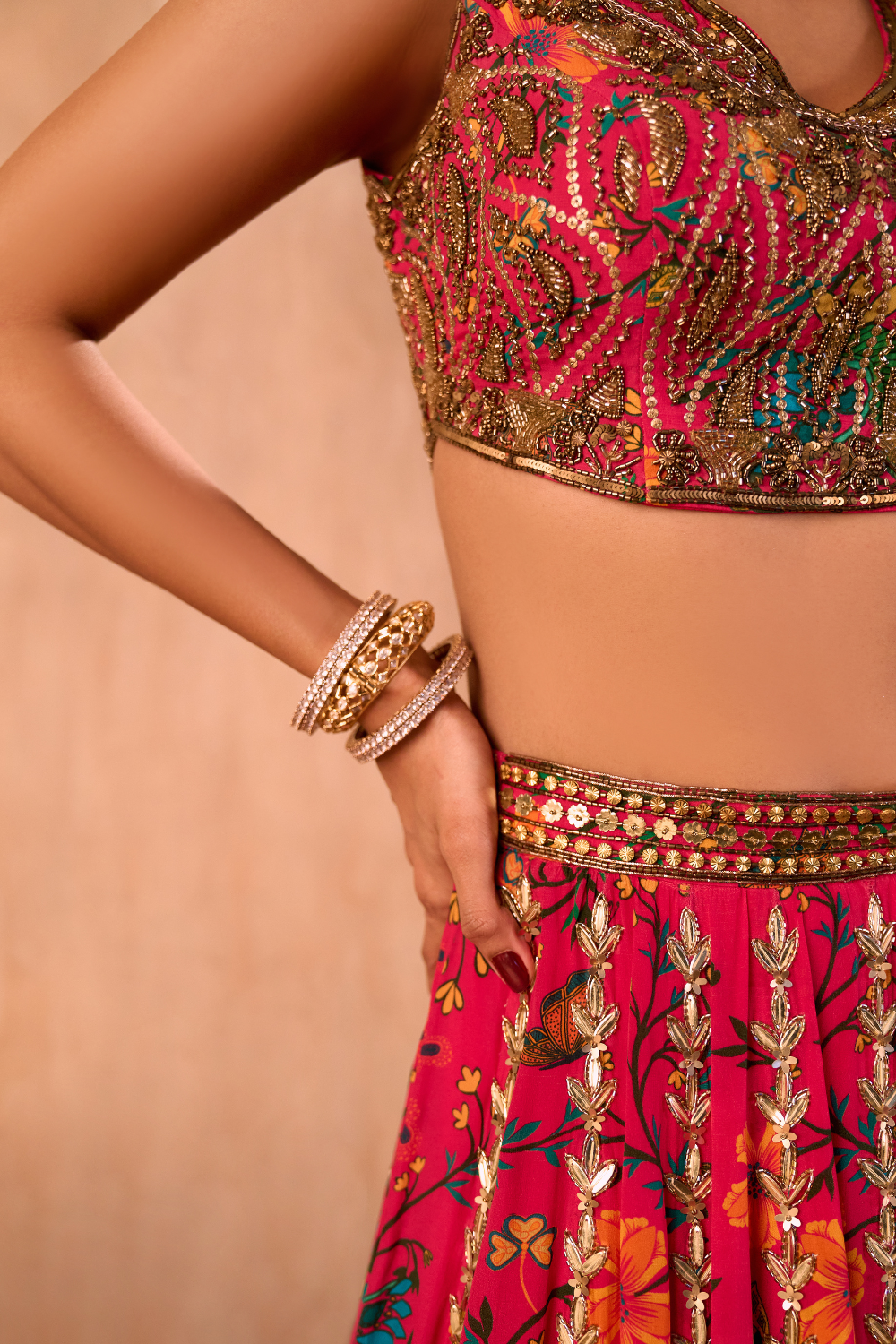 PINK PRINT EMBROIDERED CHOLI, LEHENGA AND DUPATTA SET