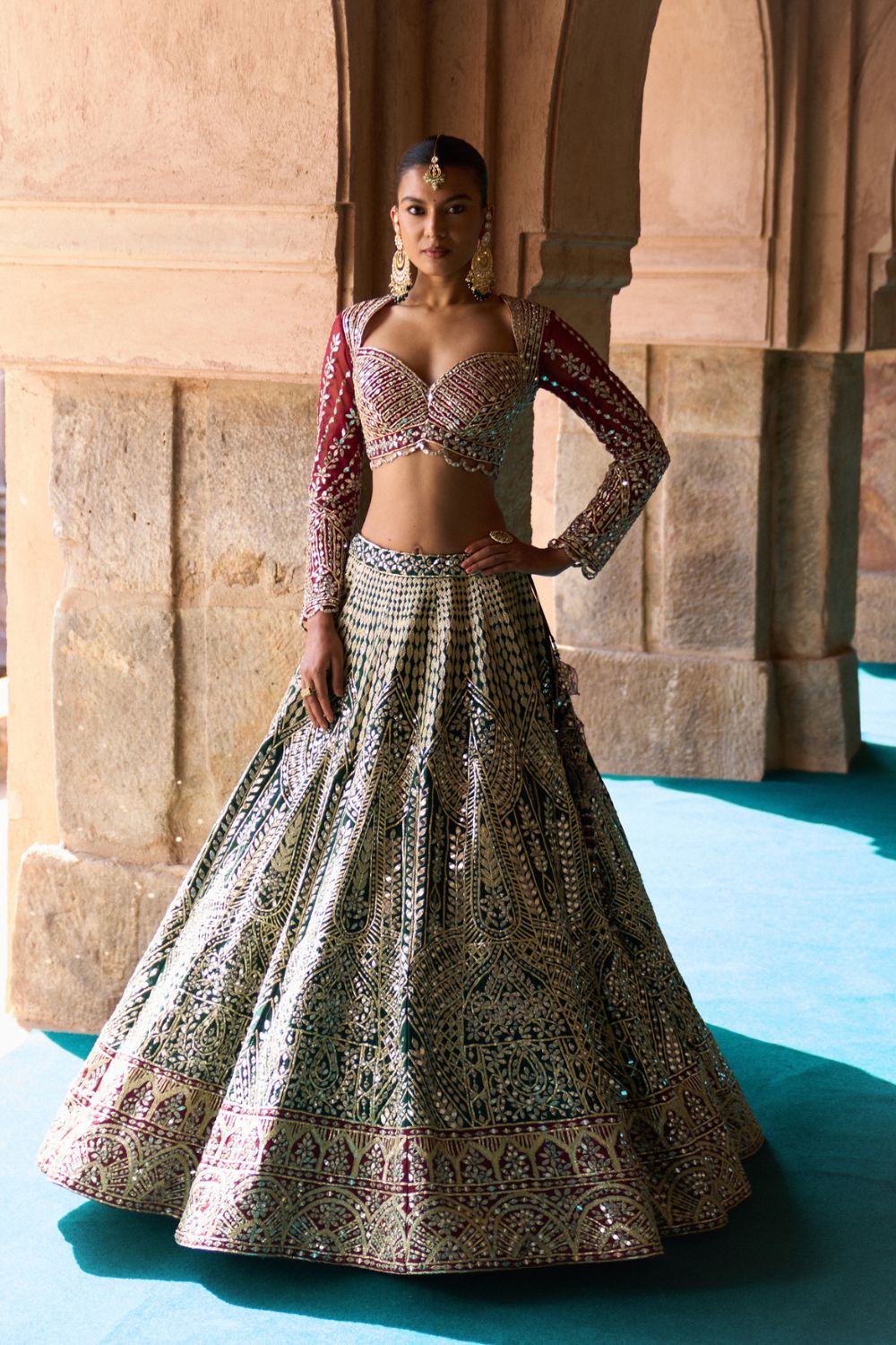 SUKOON — Bottle Green Raw Silk Lehenga Set with Contrast Blouse