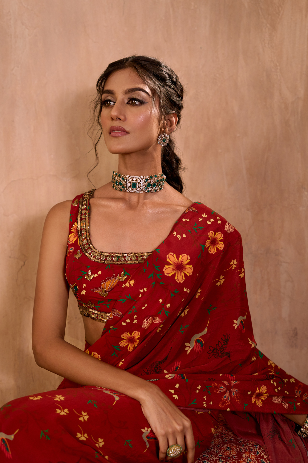 RED PRINT EMBROIDERED CHOLI WITH PRE-DRAPED SARI SET