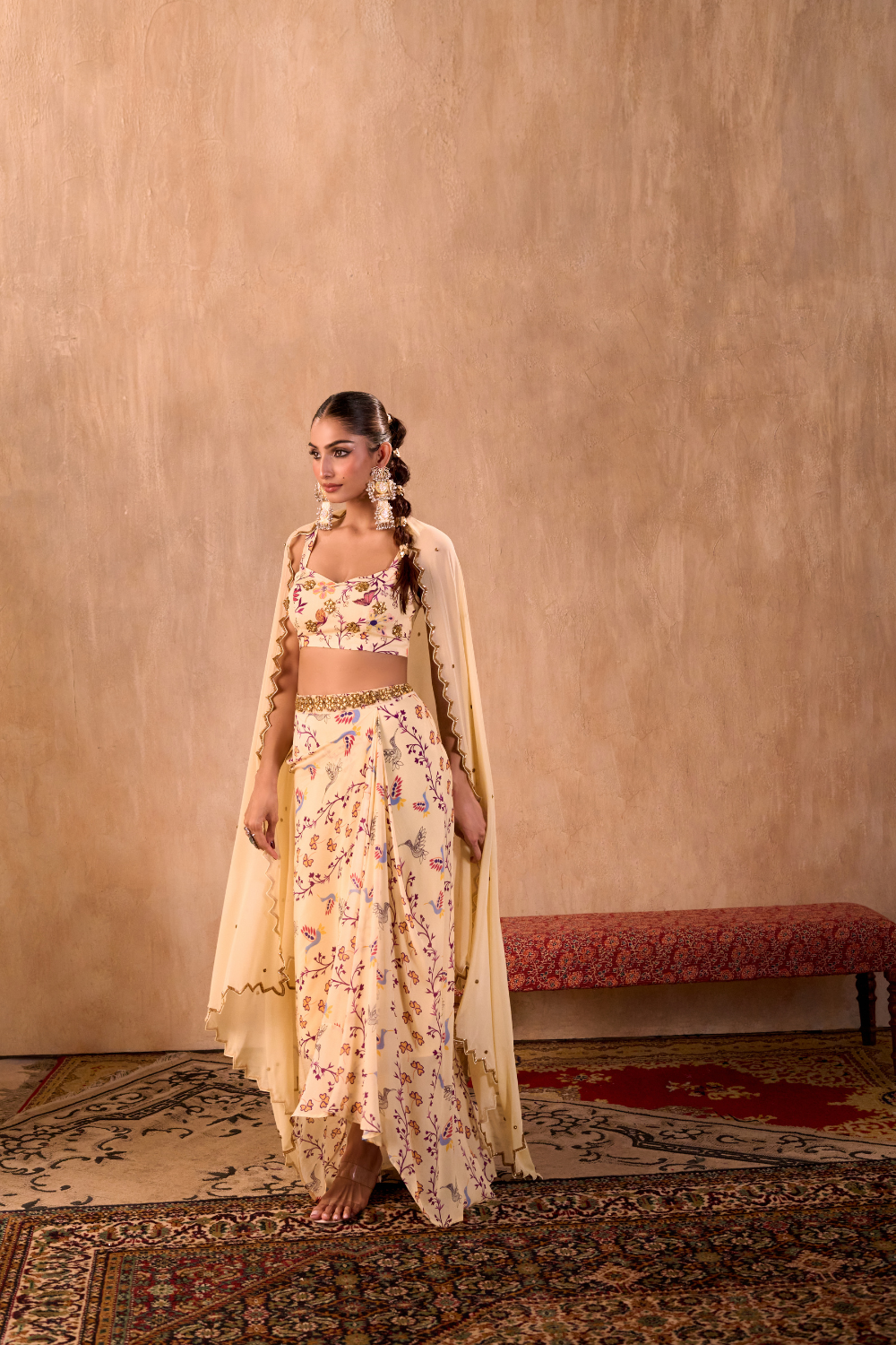 IVORY PRINT EMBROIDERED CHOLI, DRAPED SKIRT AND DUPATTA SET