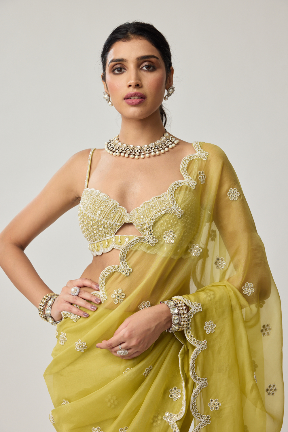 Fern Green Organza Mirror and Pearl saree set