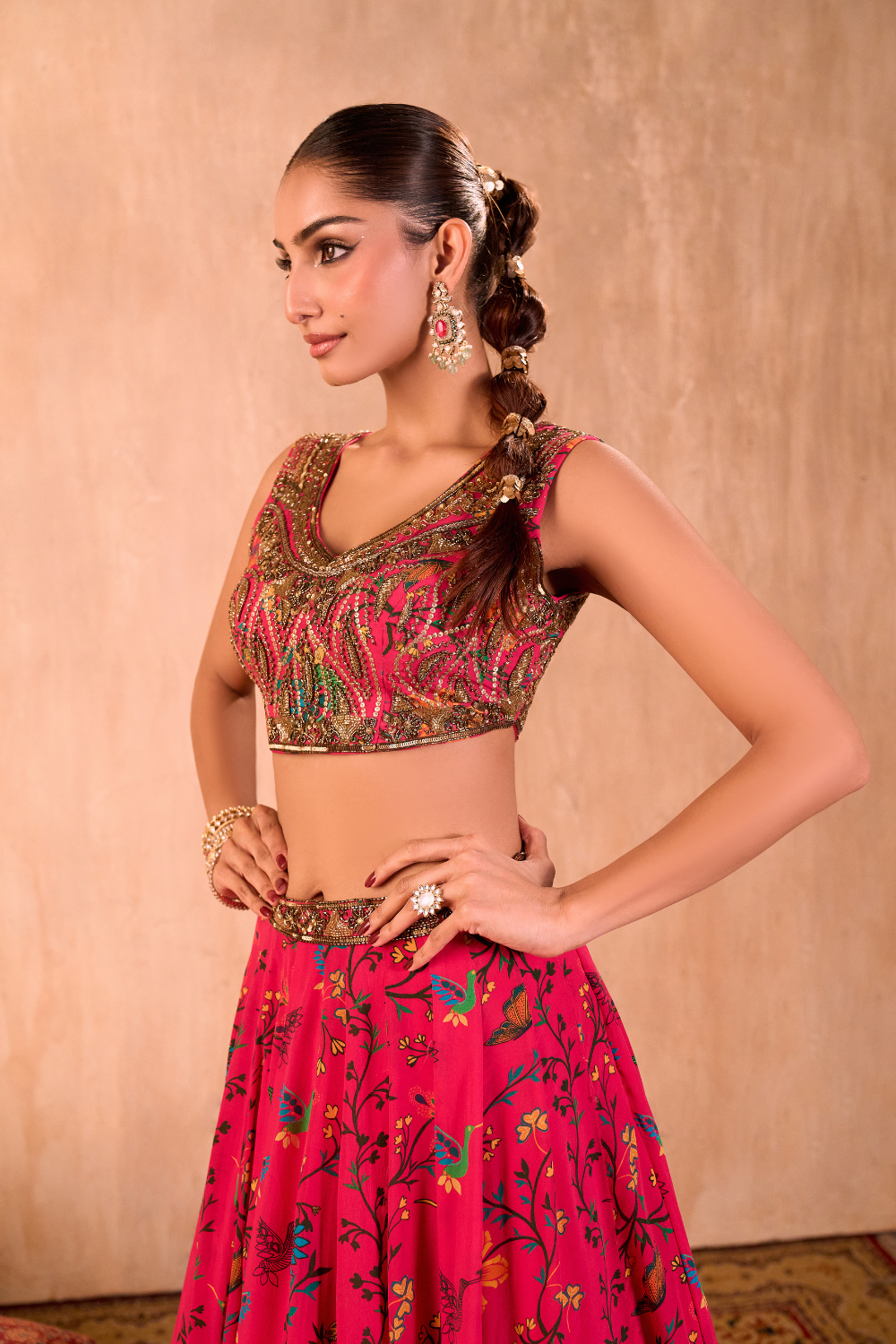 PINK PRINT EMBROIDERED CHOLI, LEHENGA AND DUPATTA SET