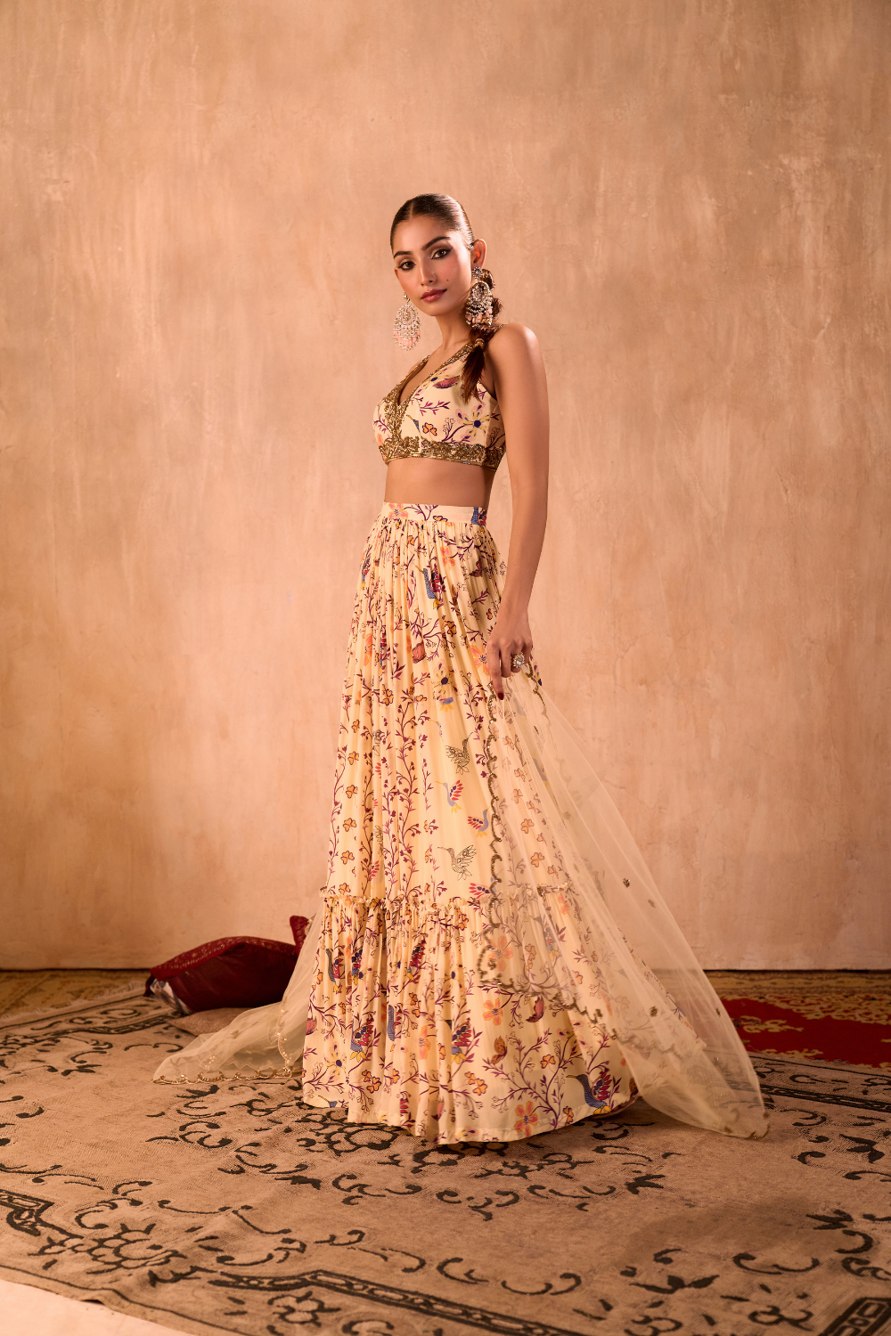IVORY PRINT EMBROIDERED CHOLI, LAYERED LEHENGA AND DUPATTA SET