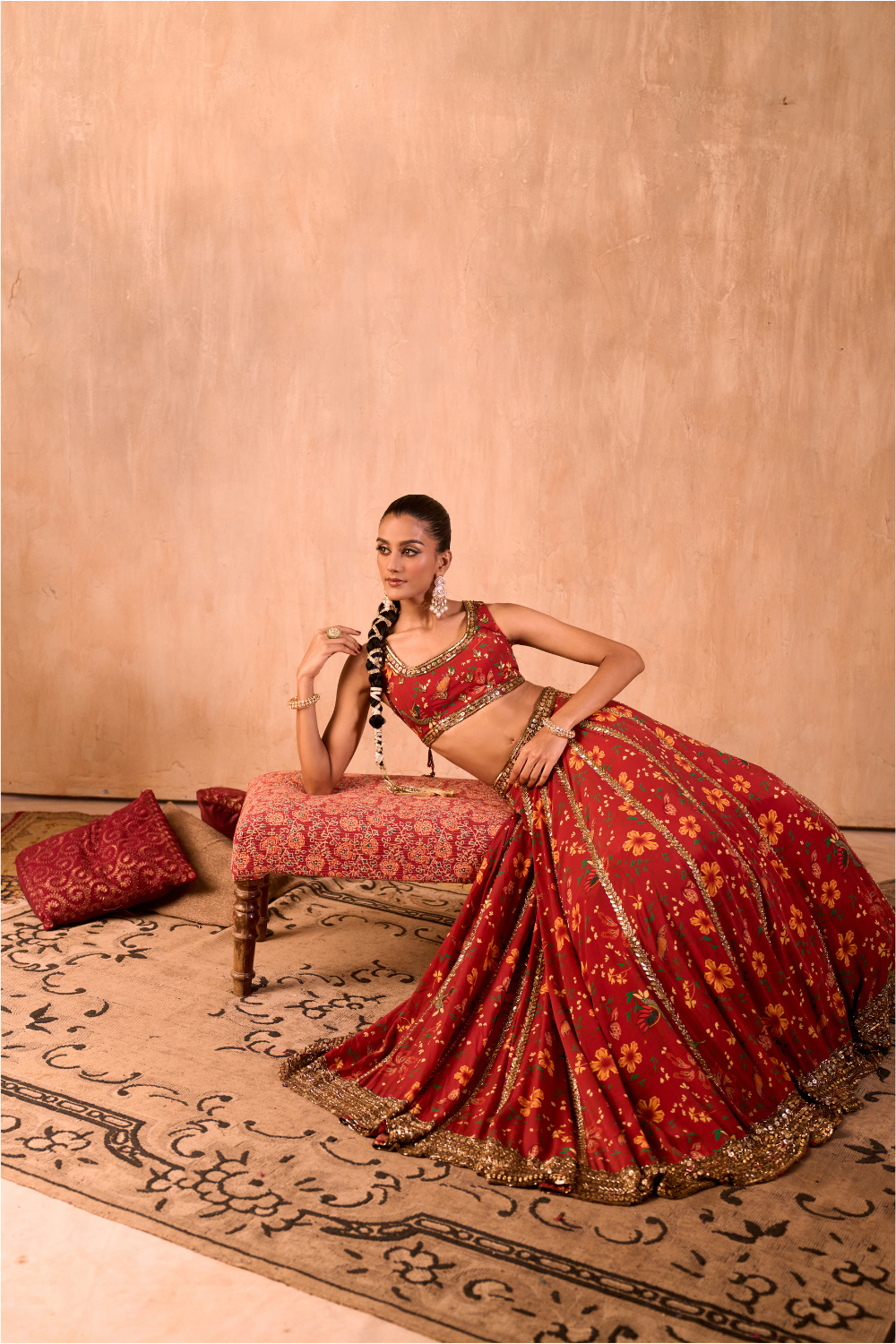 RED PRINT EMBROIDERED CHOLI, LEHENGA AND DUPATTA SET