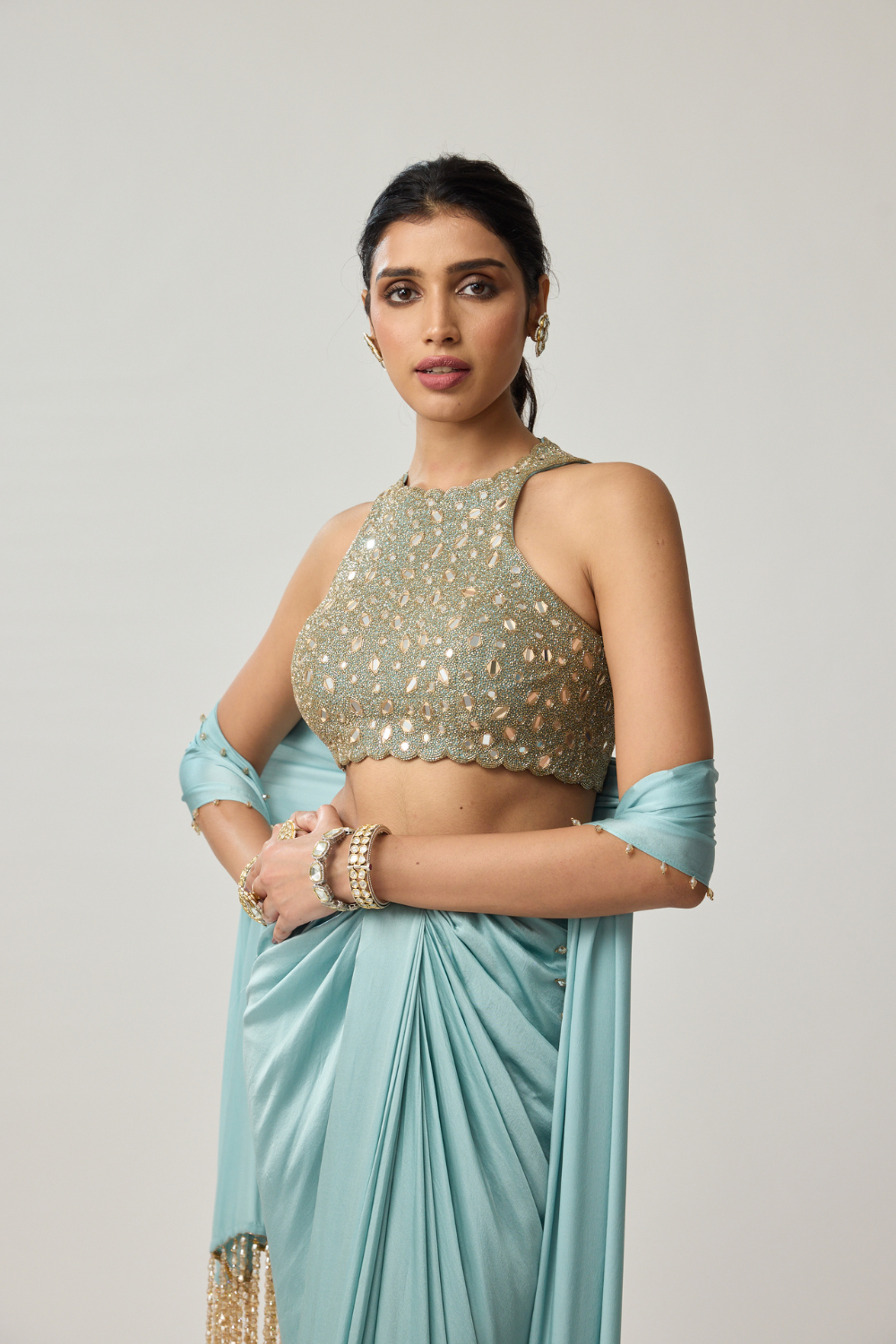 Powder Blue Mirror Satin draped skirt Set