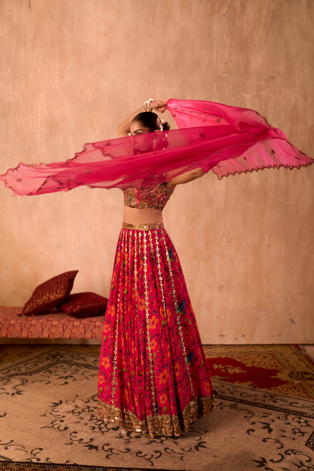 PINK PRINT EMBROIDERED CHOLI, LEHENGA AND DUPATTA SET