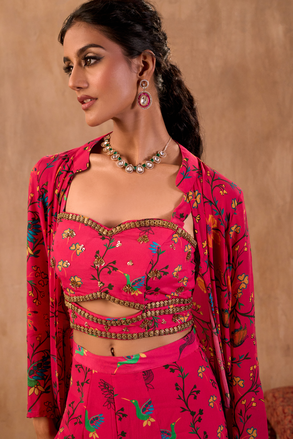 PINK PRINT EMBROIDERED CHOLI, PANTS AND JACKET SET