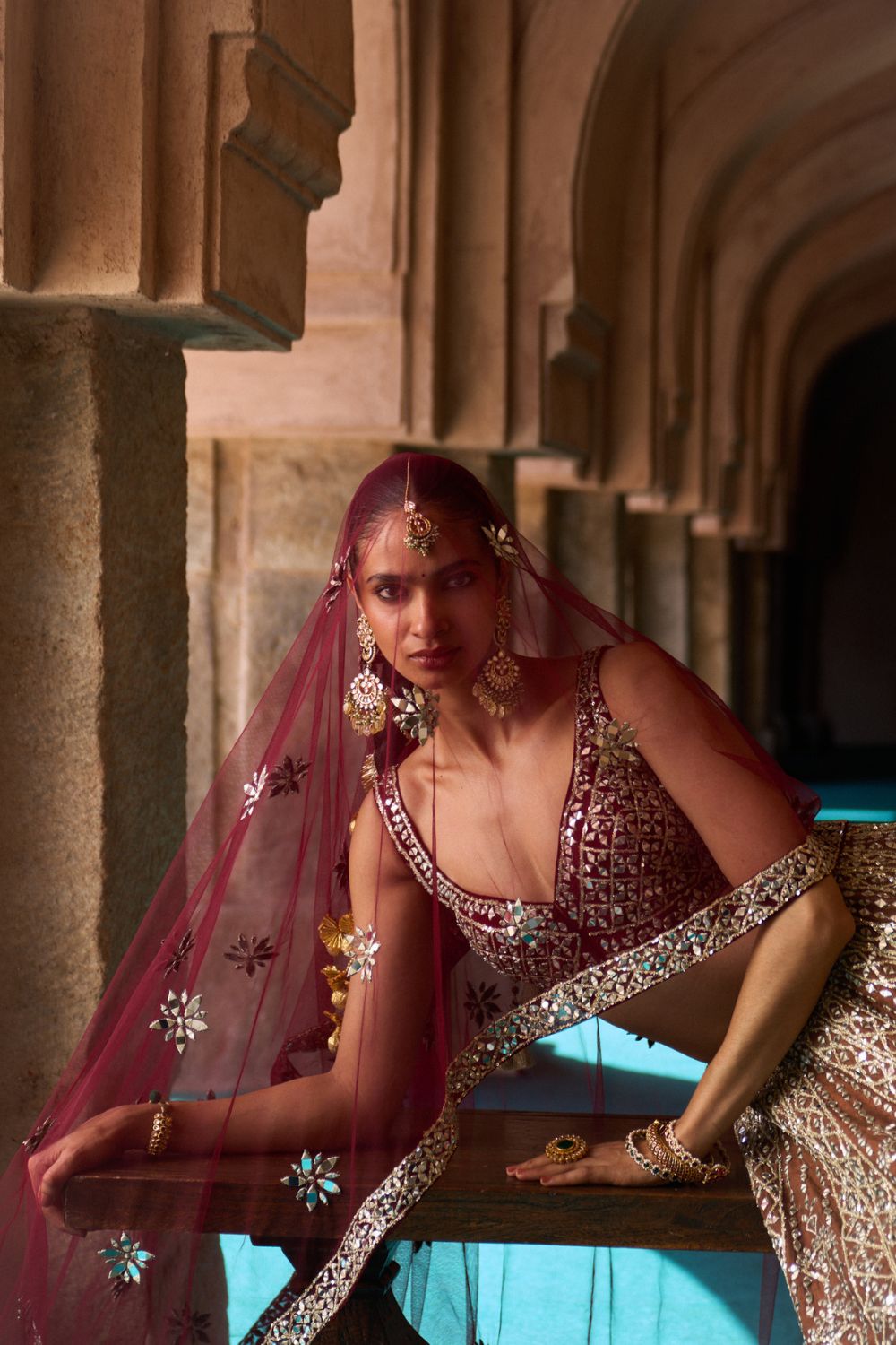 PRITHVI — Brown Raw Silk Lehenga Set with Contrast Maroon Blouse