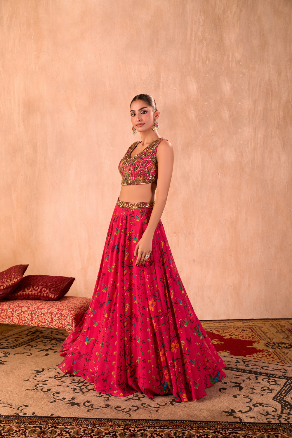 PINK PRINT EMBROIDERED CHOLI, LEHENGA AND DUPATTA SET