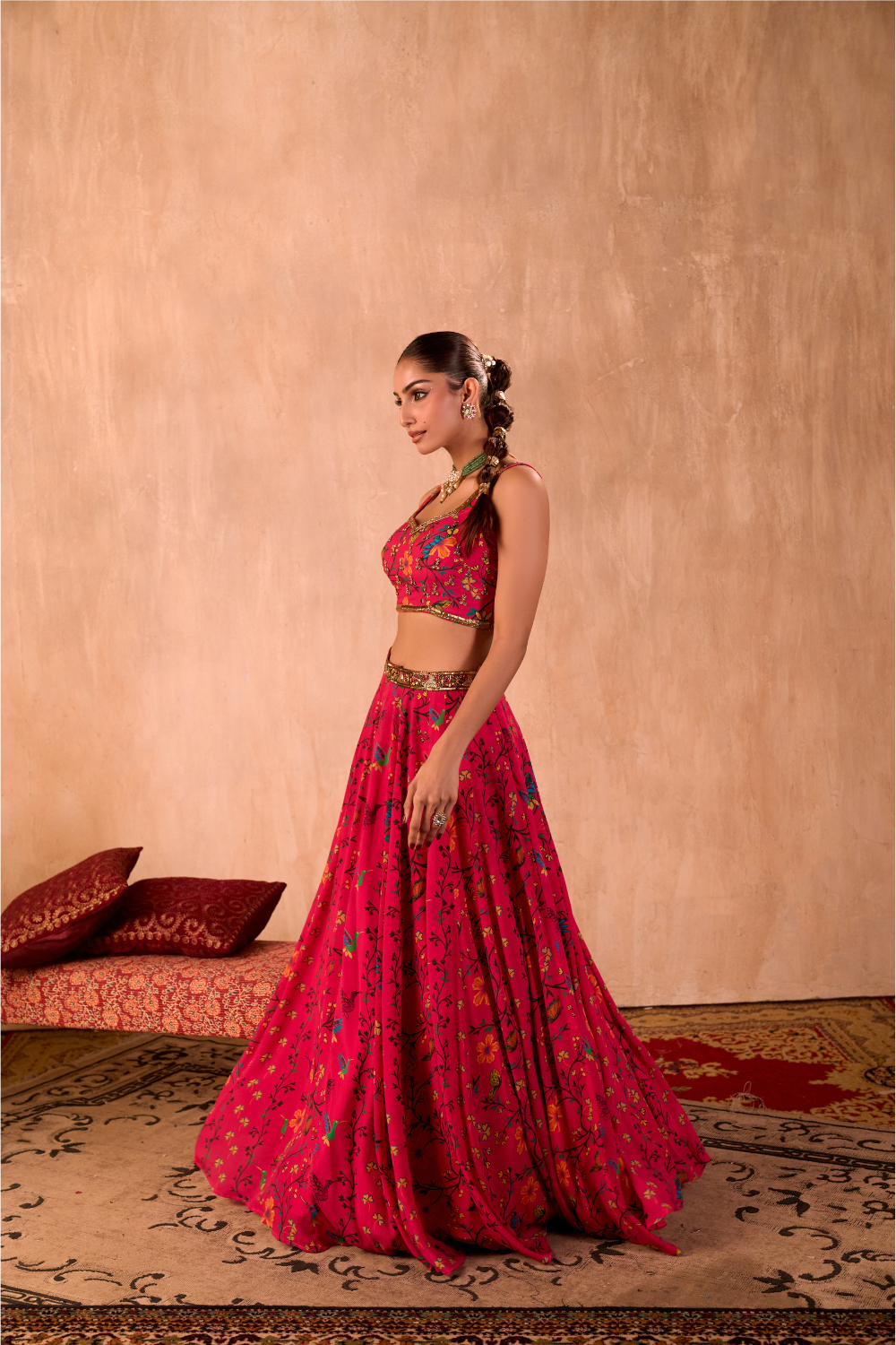 PINK PRINT EMBROIDERED CHOLI, LEHENGA AND DUPATTA SET