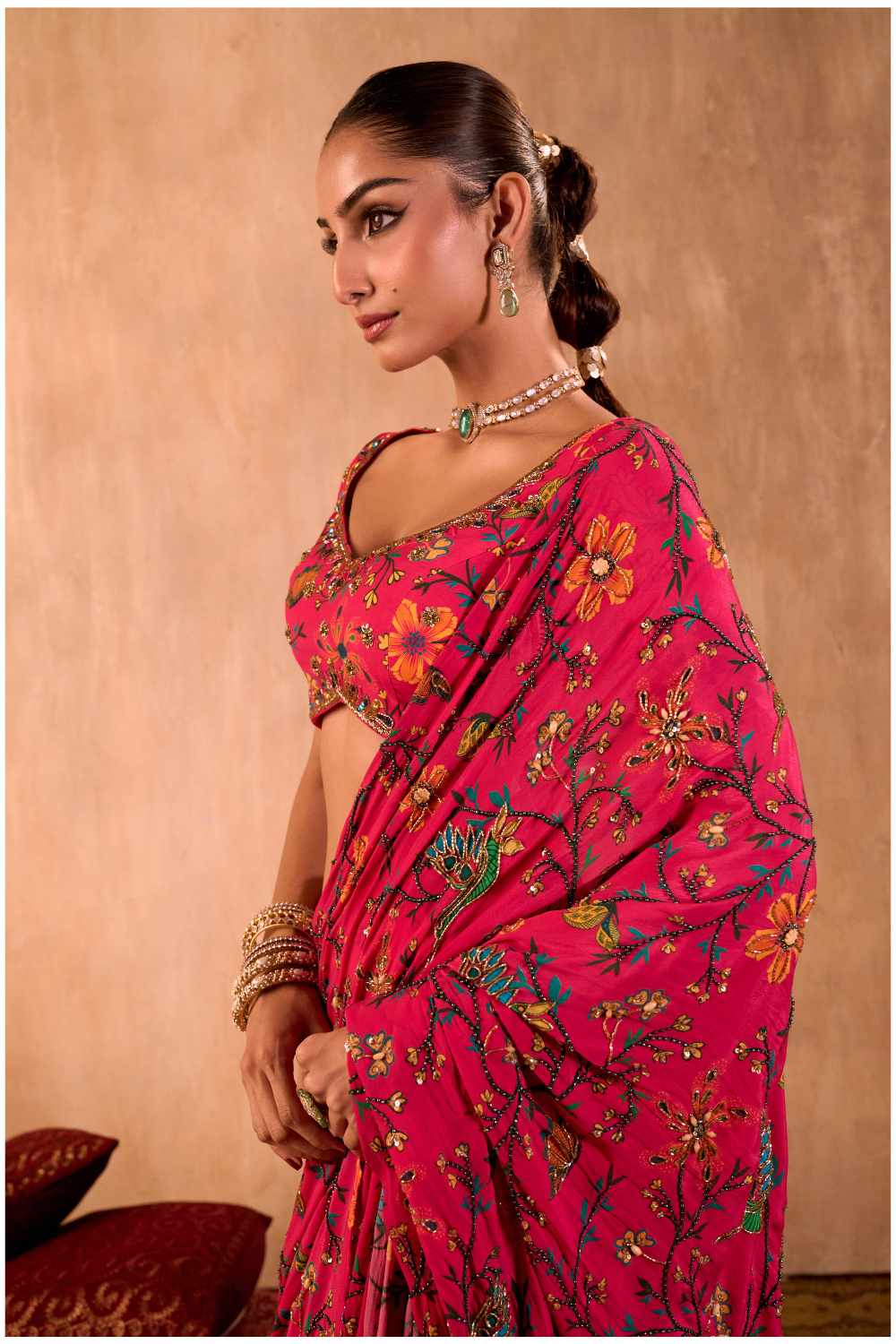 PINK PRINT CHOLI WITH EMBROIDERED SARI SET