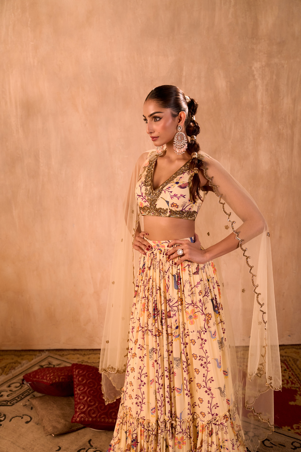 IVORY PRINT EMBROIDERED CHOLI, LAYERED LEHENGA AND DUPATTA SET
