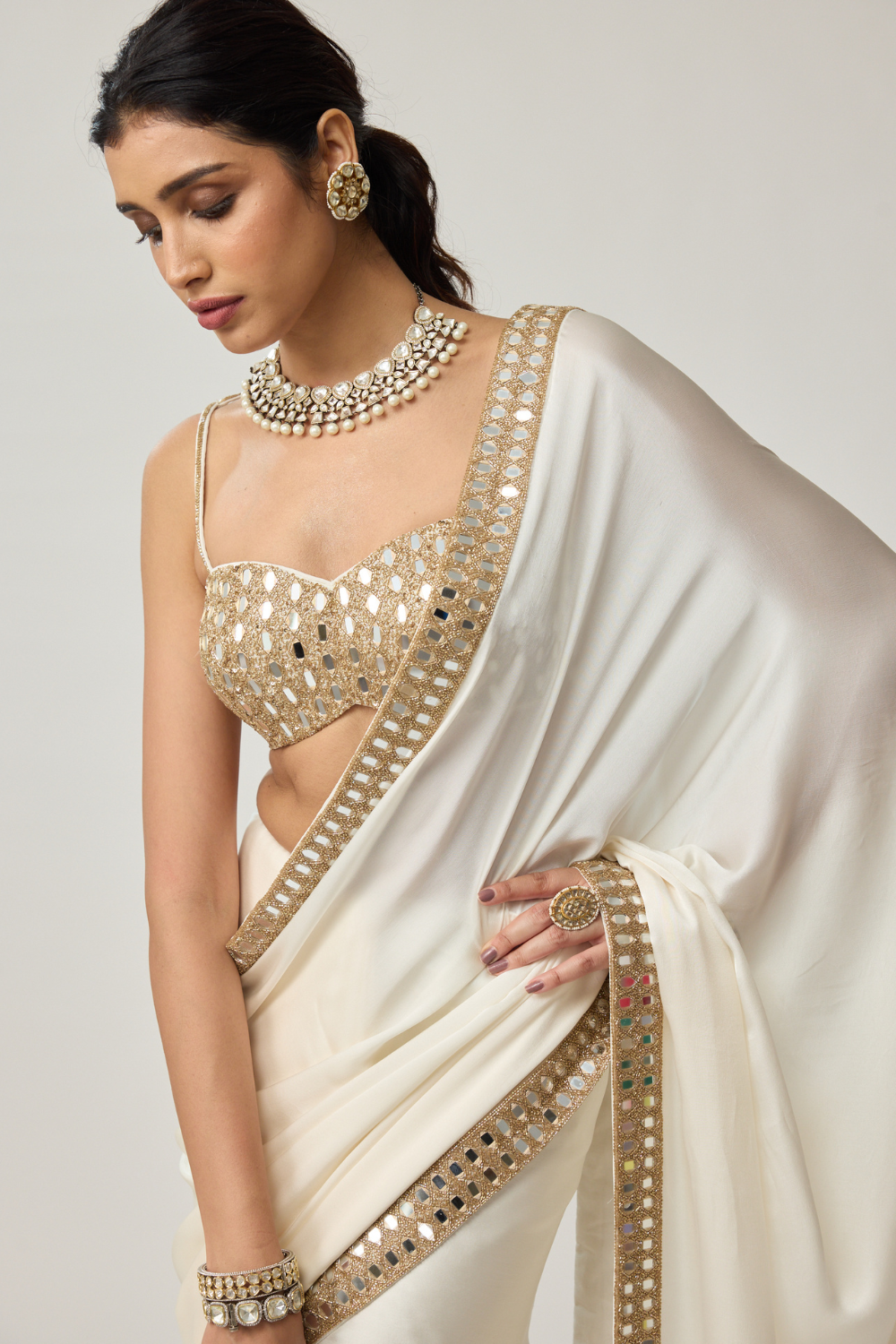 Off White Mirror Satin Saree Set