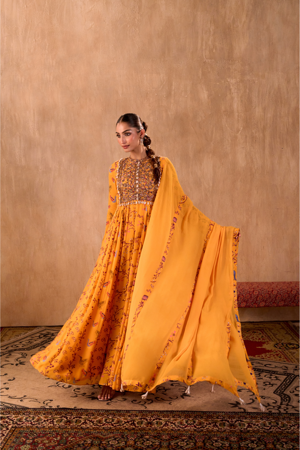 YELLOW PRINT EMBROIDERED ANARKALI AND DUPATTA SET