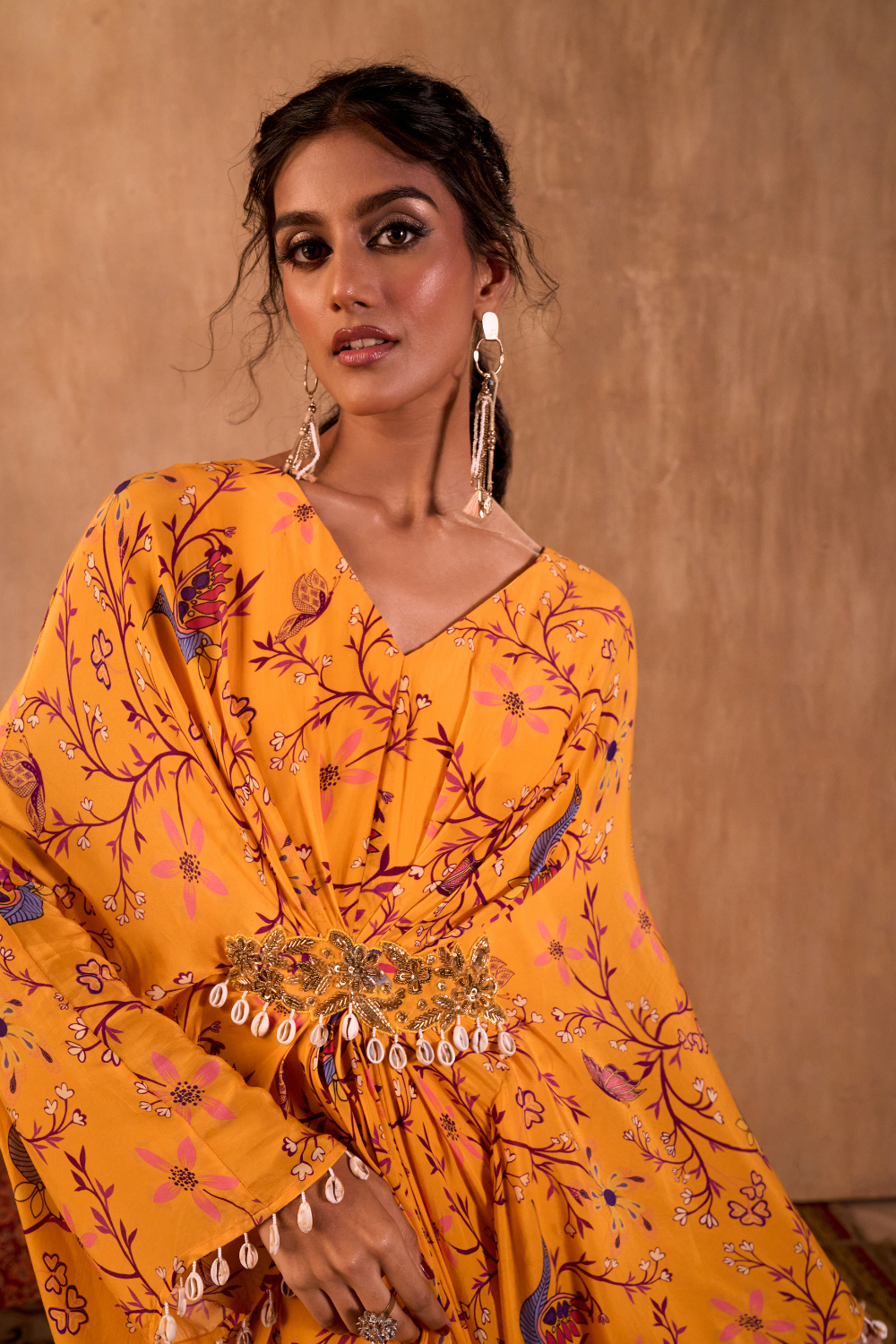 YELLOW PRINT DRAPED KAFTAN