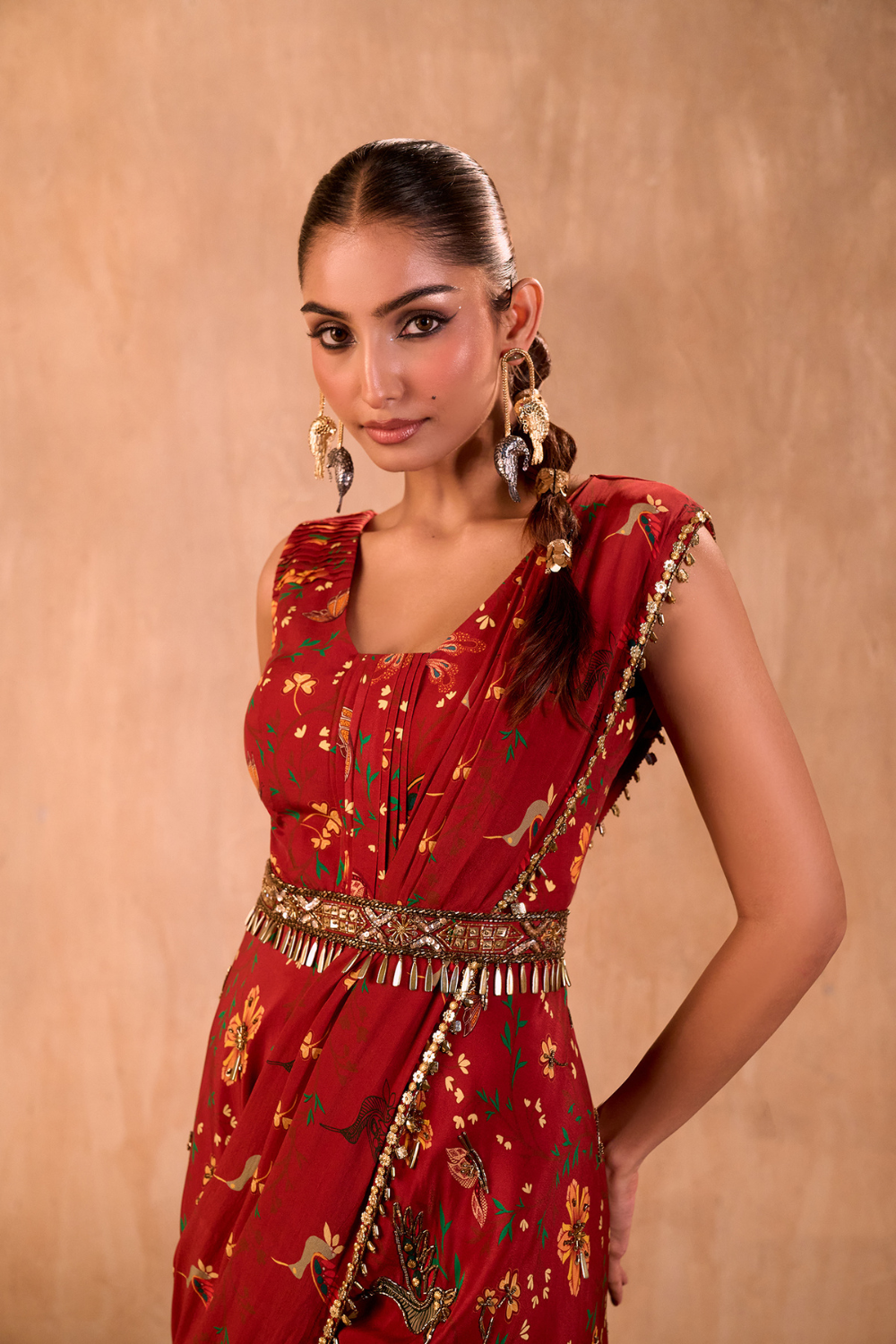 RED PRINT EMBROIDERED JUMPSUIT WITH DRAPE AND BELT SET