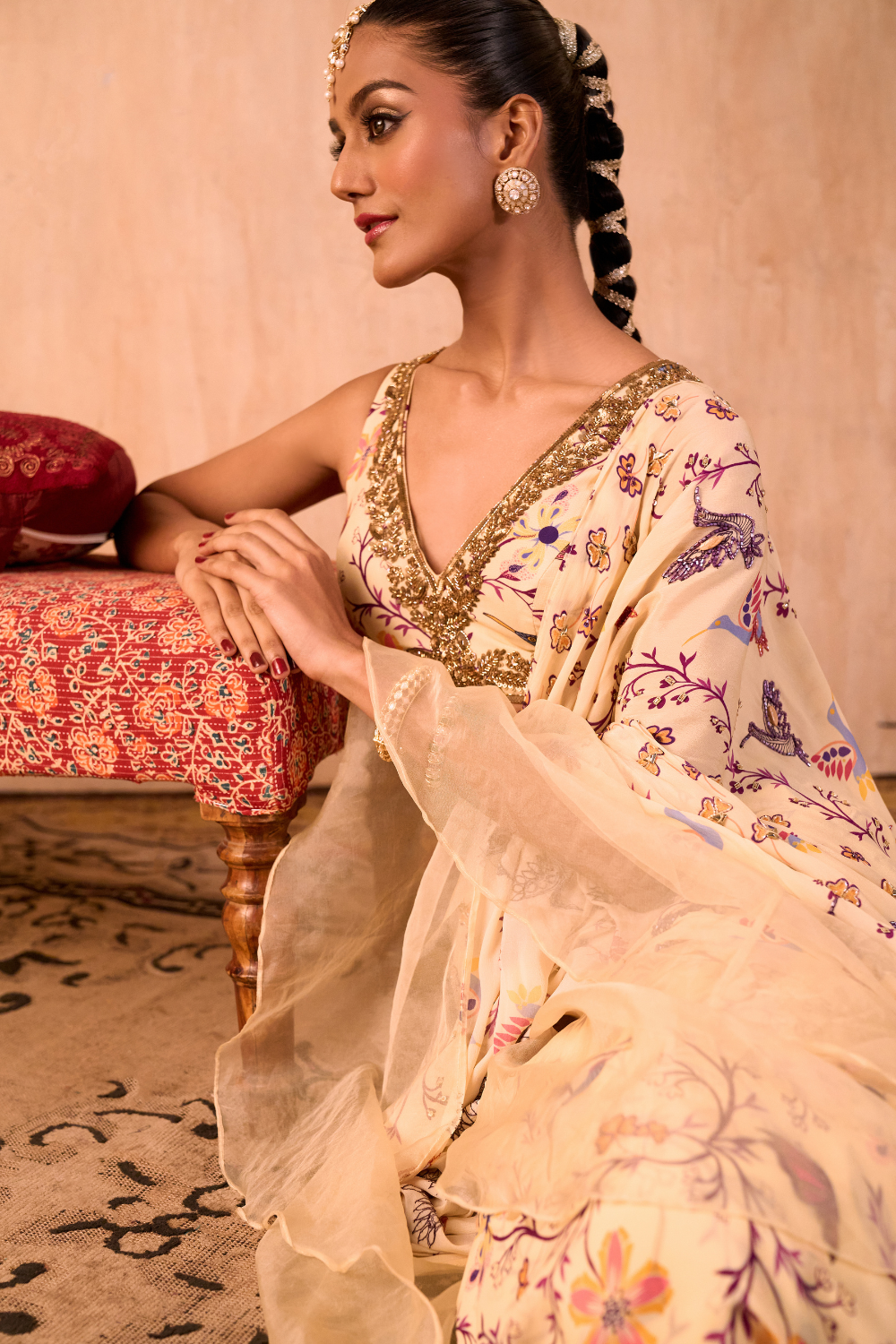 IVORY PRINT EMBROIDERED CHOLI WITH PRE DRAPED RUFFLE SARI SET