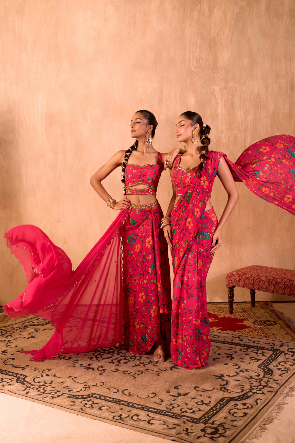 PINK PRINT EMBROIDERED CHOLI, DRAPED SKIRT AND DUPATTA SET