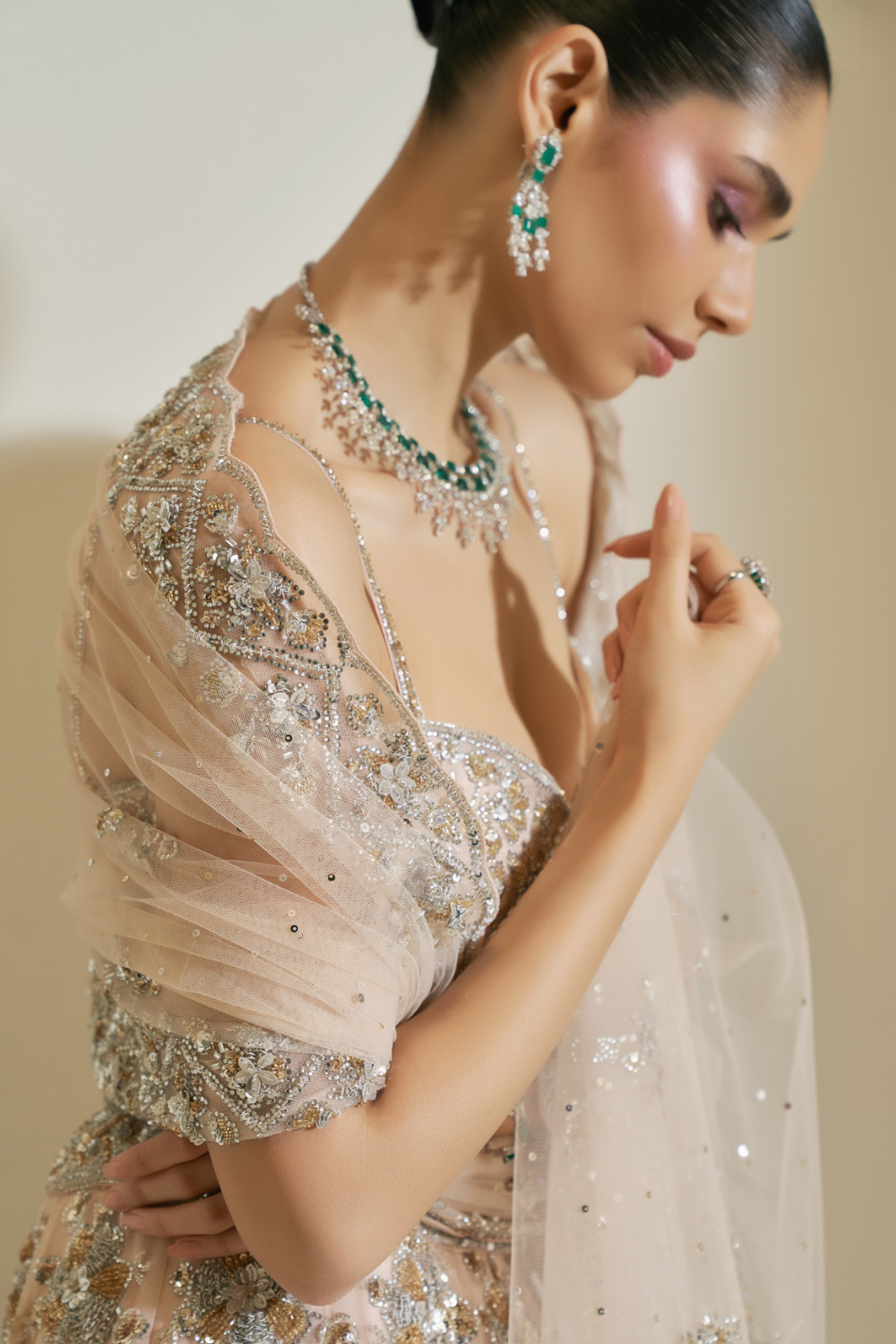 Champagne Crystal Bloom Lehenga Set