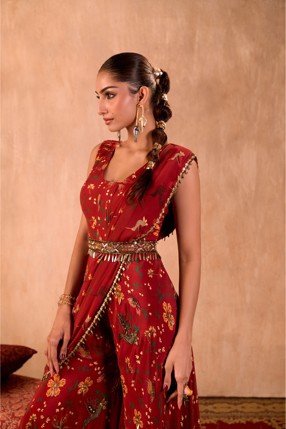 RED PRINT EMBROIDERED JUMPSUIT WITH DRAPE AND BELT SET