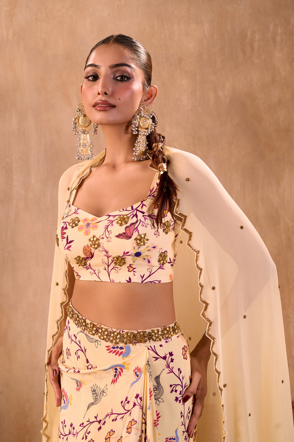 IVORY PRINT EMBROIDERED CHOLI, DRAPED SKIRT AND DUPATTA SET