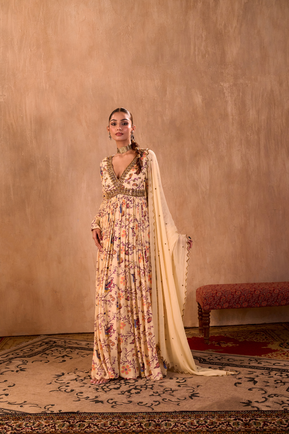 IVORY PRINT EMBROIDERED ANARKALI AND DUPATTA SET