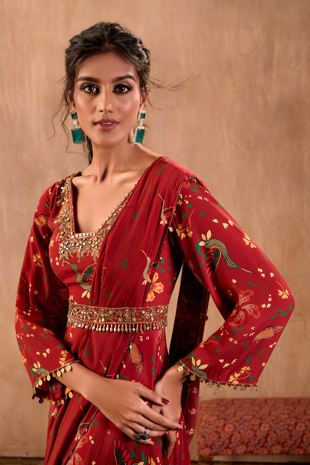 RED PRINT EMBROIDERED ANARKALI WITH DRAPE AND BELT SET