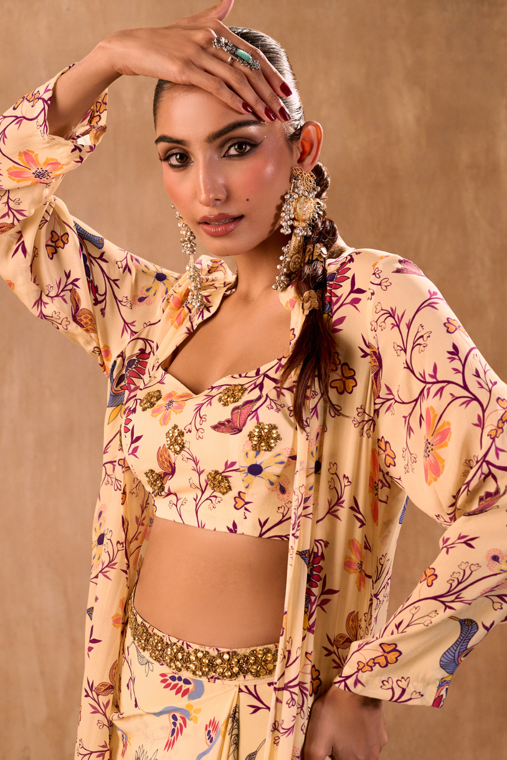 IVORY PRINT EMBROIDERED CHOLI, DRAPED SKIRT AND JACKET SET